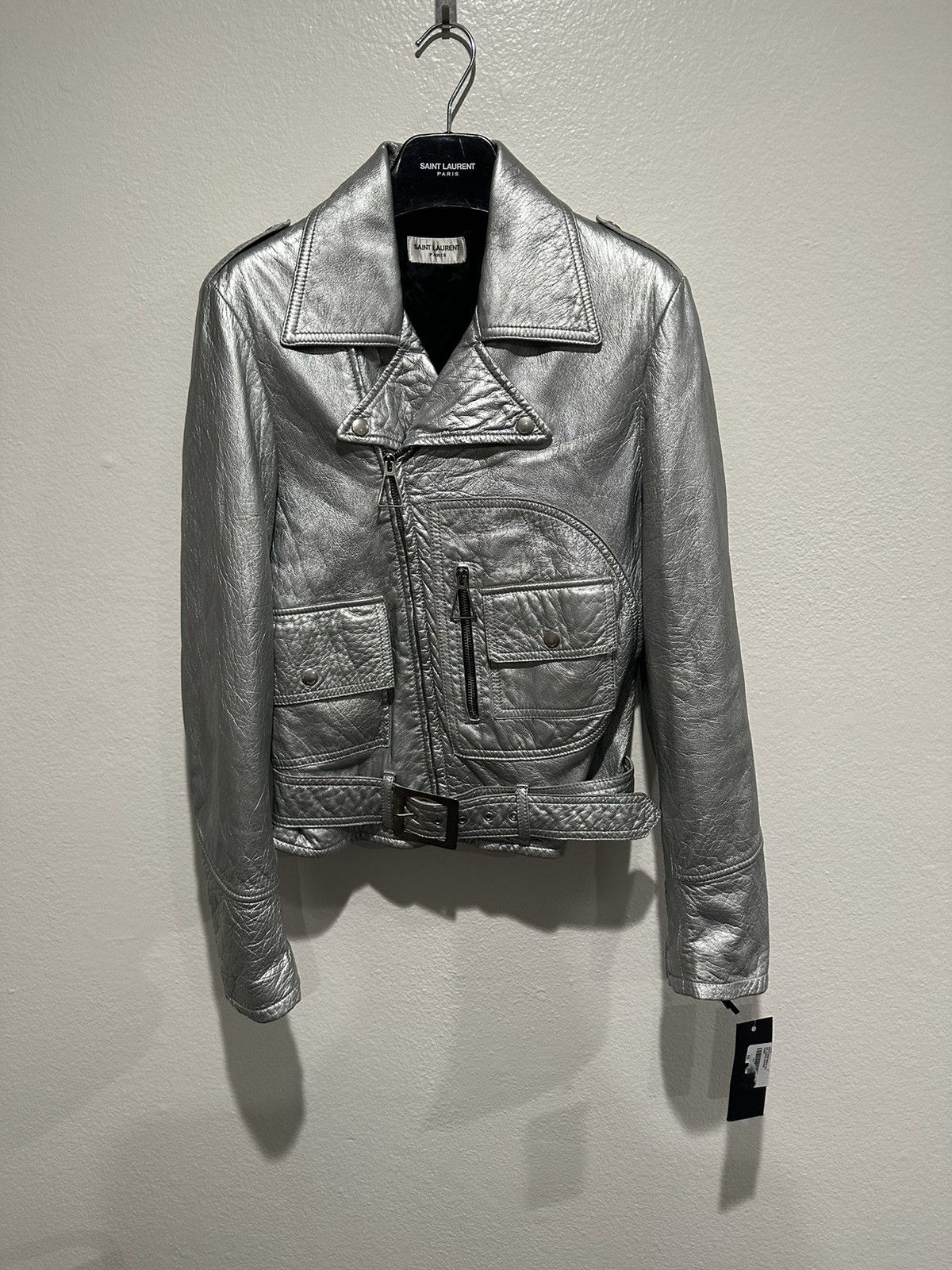 image of Hedi Slimane x Saint Laurent Paris 1:1 Sample Fw16 Palladium Silver Leather Biker Jacket (Size Smal