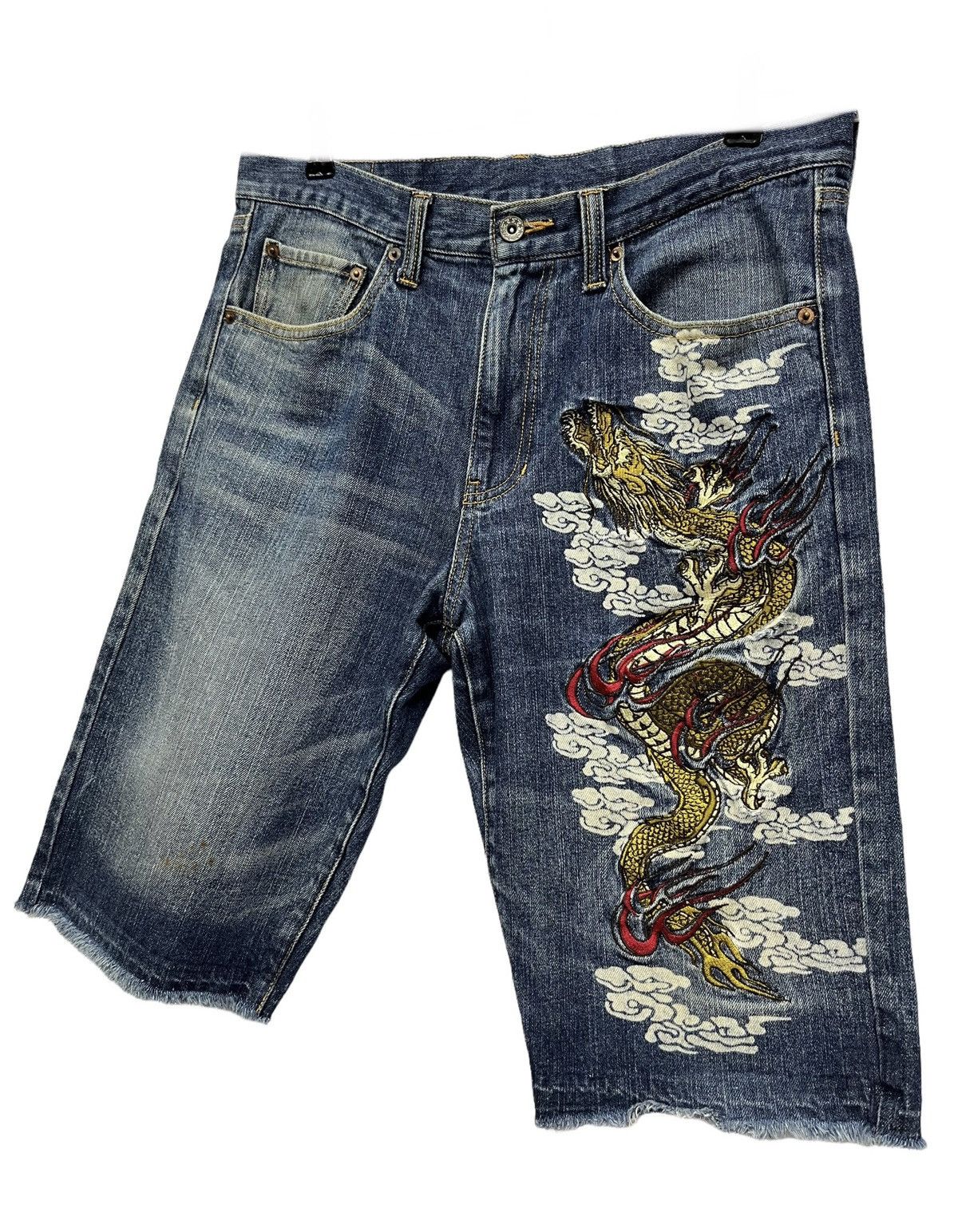 Japanese Brand Vtg Sukajan Dragon Embroidery Release Hem Rusty Denim Shorts Size US 32 / EU 48 - 1 Thumbnail