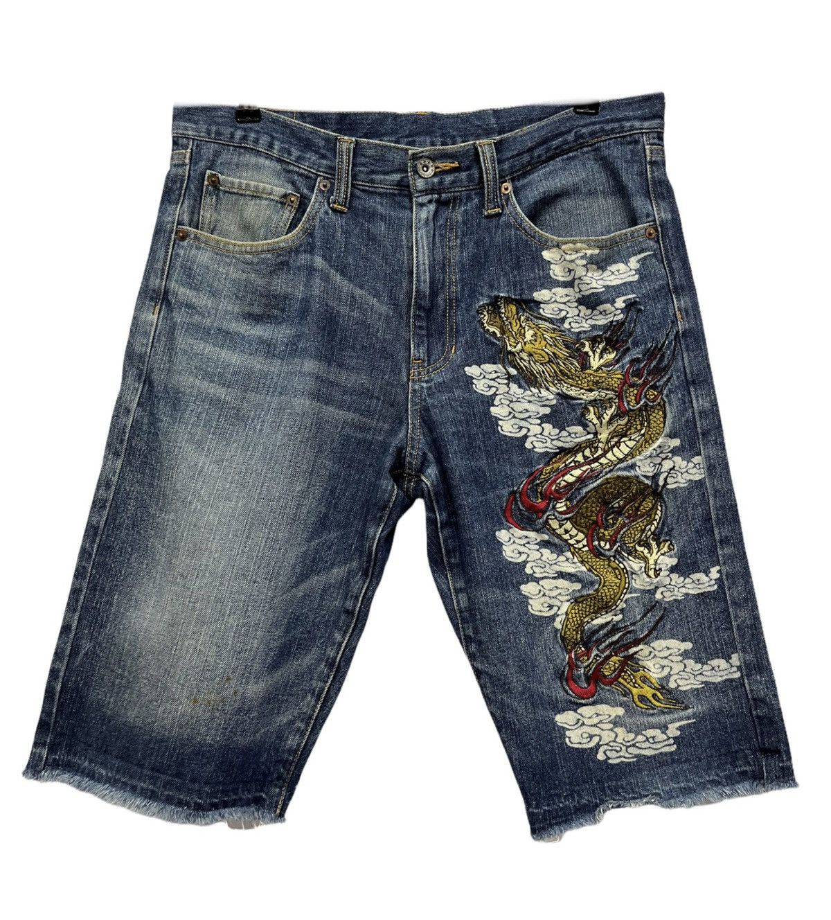 Japanese Brand Vtg Sukajan Dragon Embroidery Release Hem Rusty Denim Shorts Size US 32 / EU 48 - 3 Thumbnail