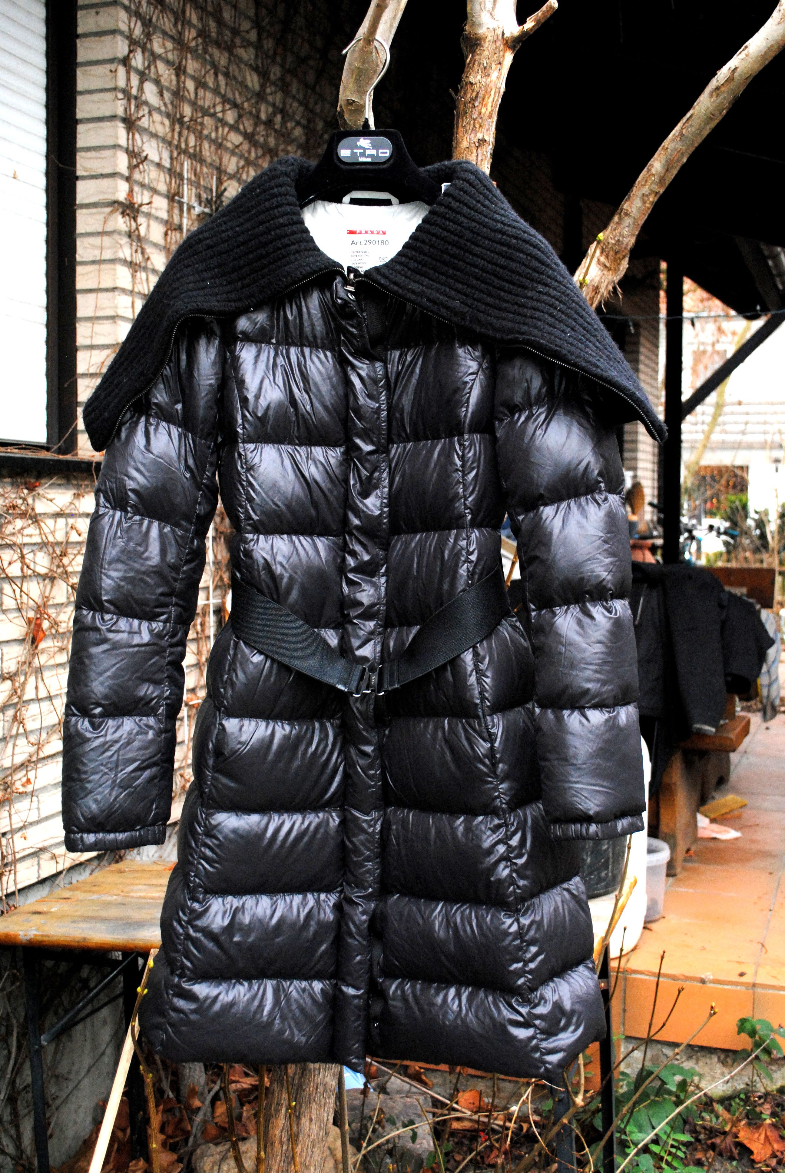 image of Prada Long Black Nylon Belted Down (Eiderdown) Coat, Women's (Size Small)