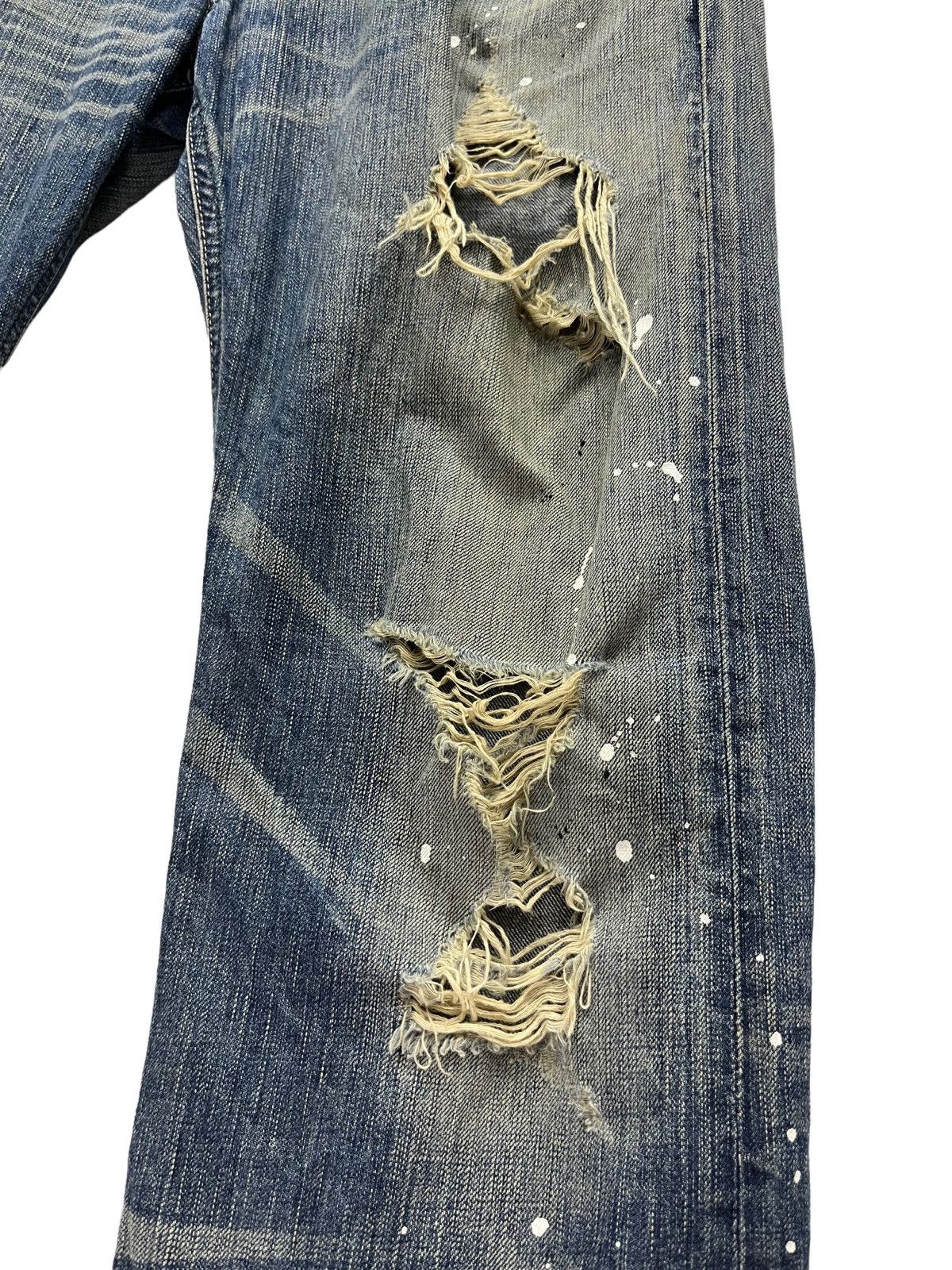 Japanese Brand × Vintage Thrashed Natural Ripped Faded Blue Splash Denim Flare Insane Size US 35 - 5 Thumbnail