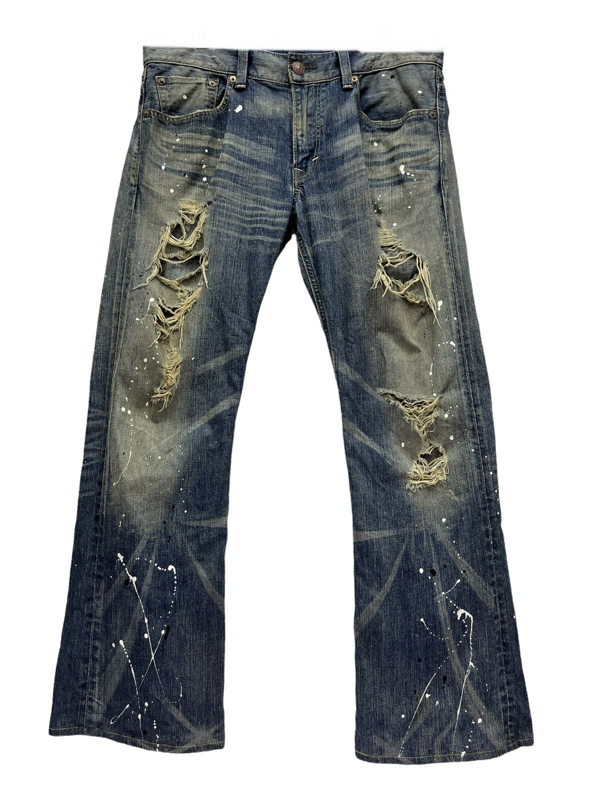 Japanese Brand × Vintage Thrashed Natural Ripped Faded Blue Splash Denim Flare Insane Size US 35 - 2 Thumbnail