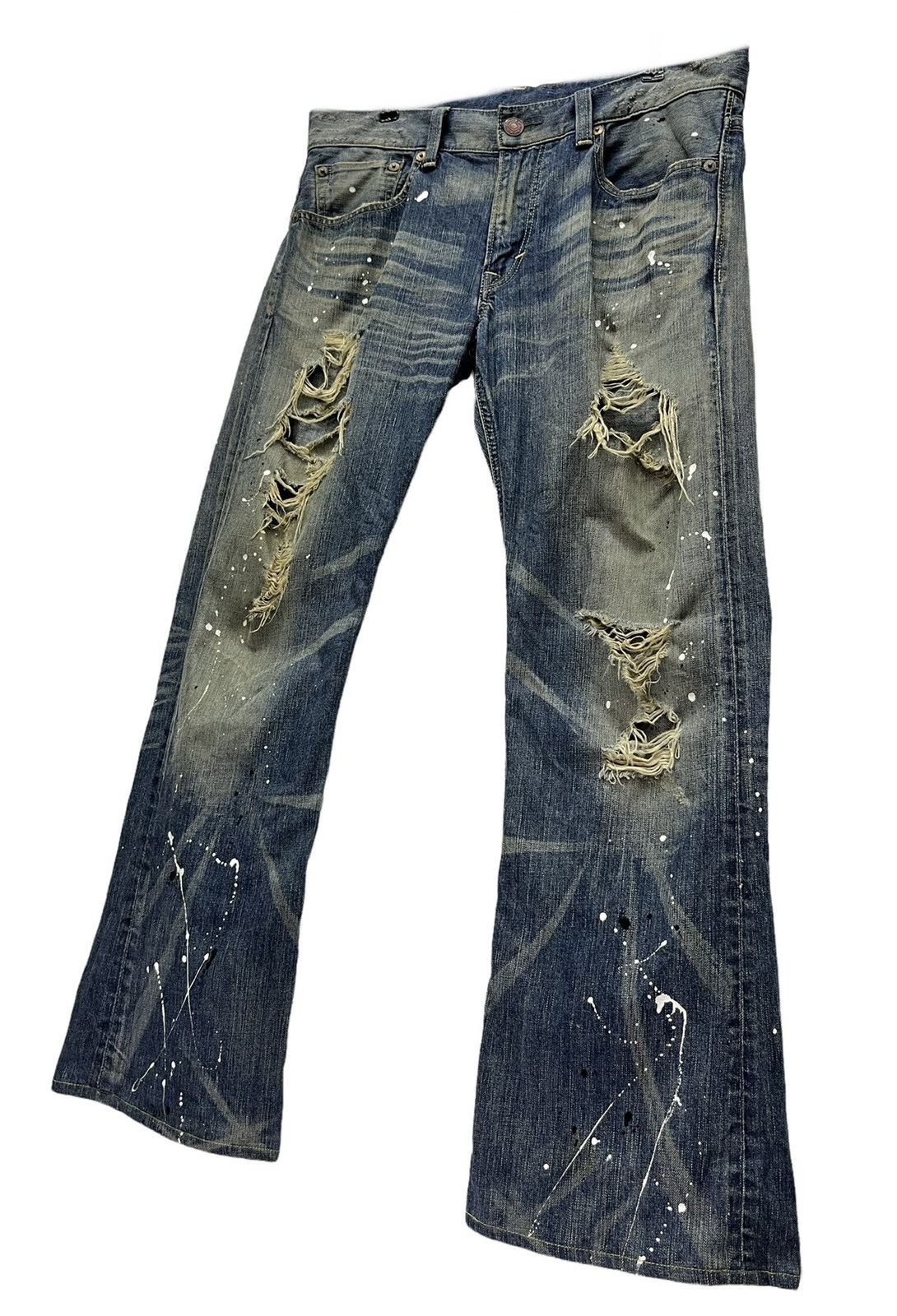 Japanese Brand × Vintage Thrashed Natural Ripped Faded Blue Splash Denim Flare Insane Size US 35 - 1 Thumbnail
