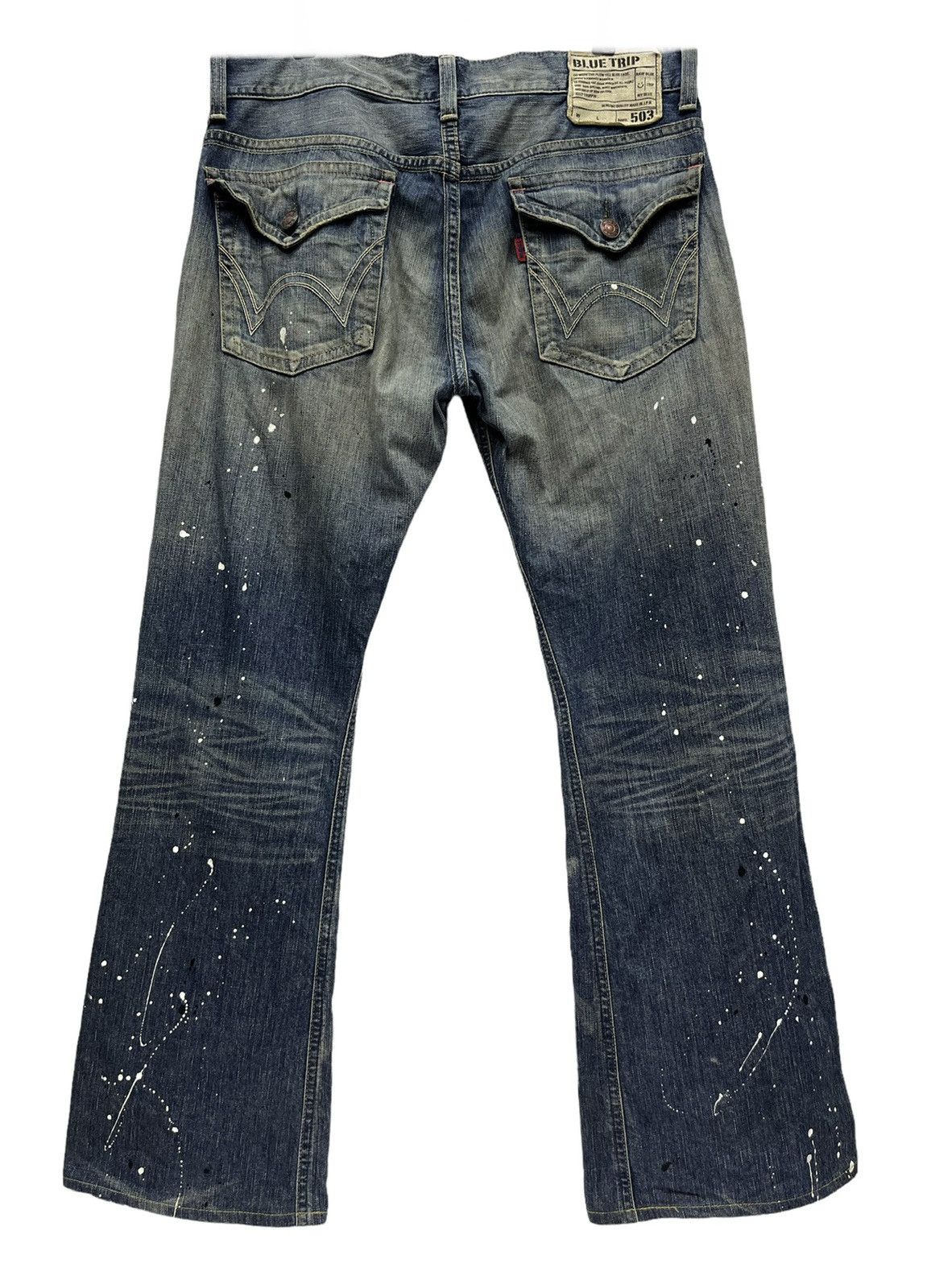Japanese Brand × Vintage Thrashed Natural Ripped Faded Blue Splash Denim Flare Insane Size US 35 - 8 Thumbnail