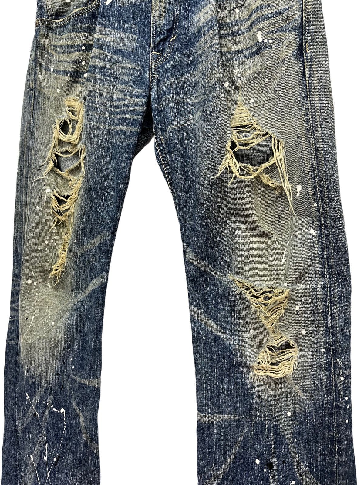 Japanese Brand × Vintage Thrashed Natural Ripped Faded Blue Splash Denim Flare Insane Size US 35 - 3 Thumbnail