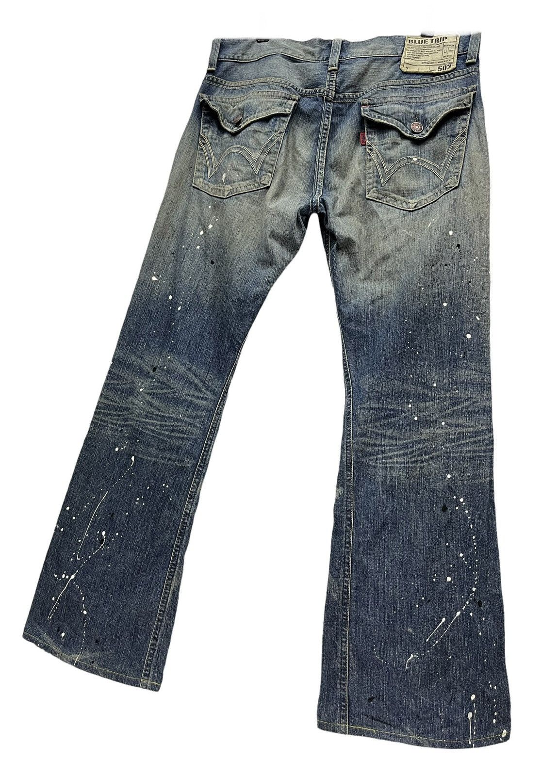 Japanese Brand × Vintage Thrashed Natural Ripped Faded Blue Splash Denim Flare Insane Size US 35 - 9 Thumbnail