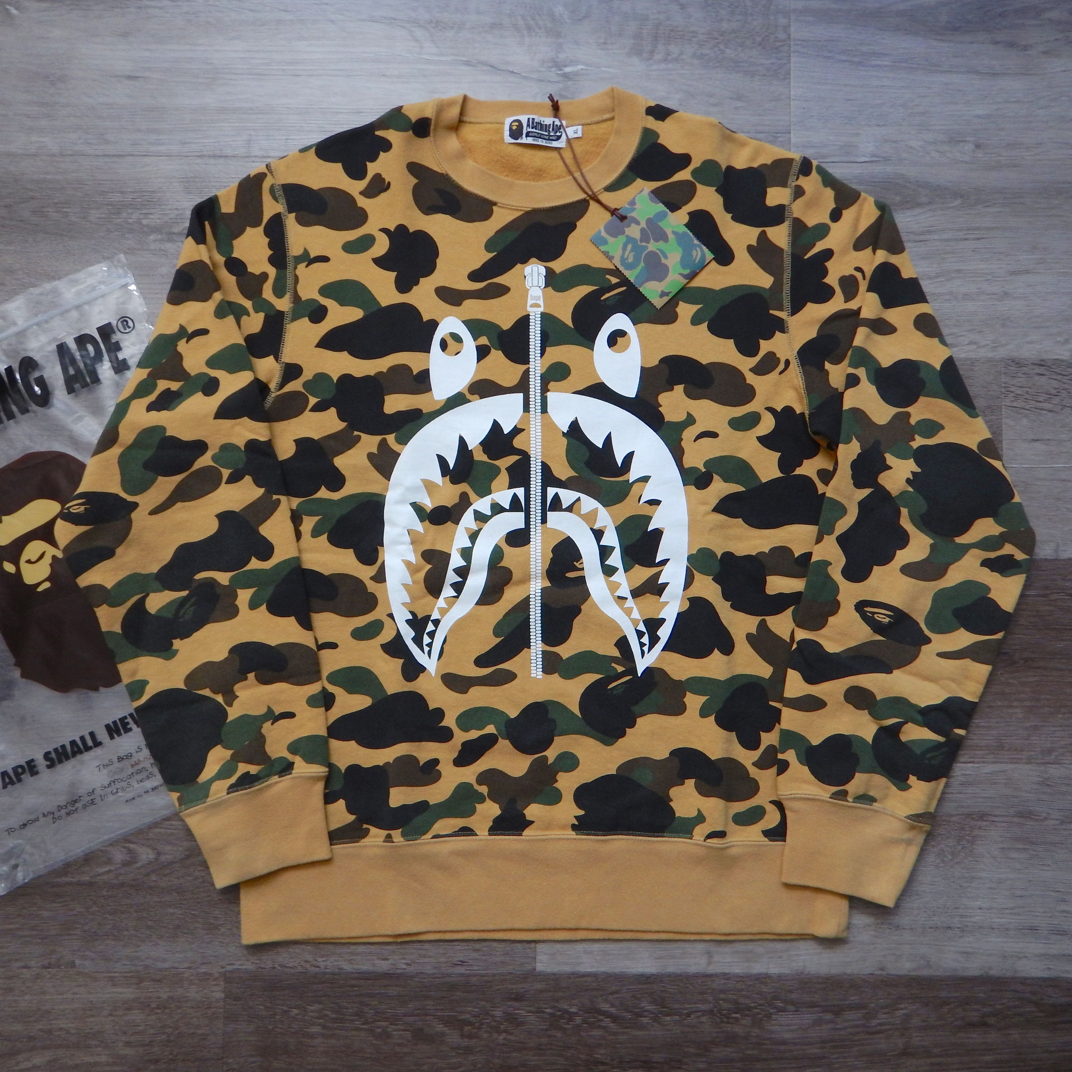 image of Bape Yellow 1St Camo White Shark Face Crewneck in Yellow Camo, Men's (Size XL)