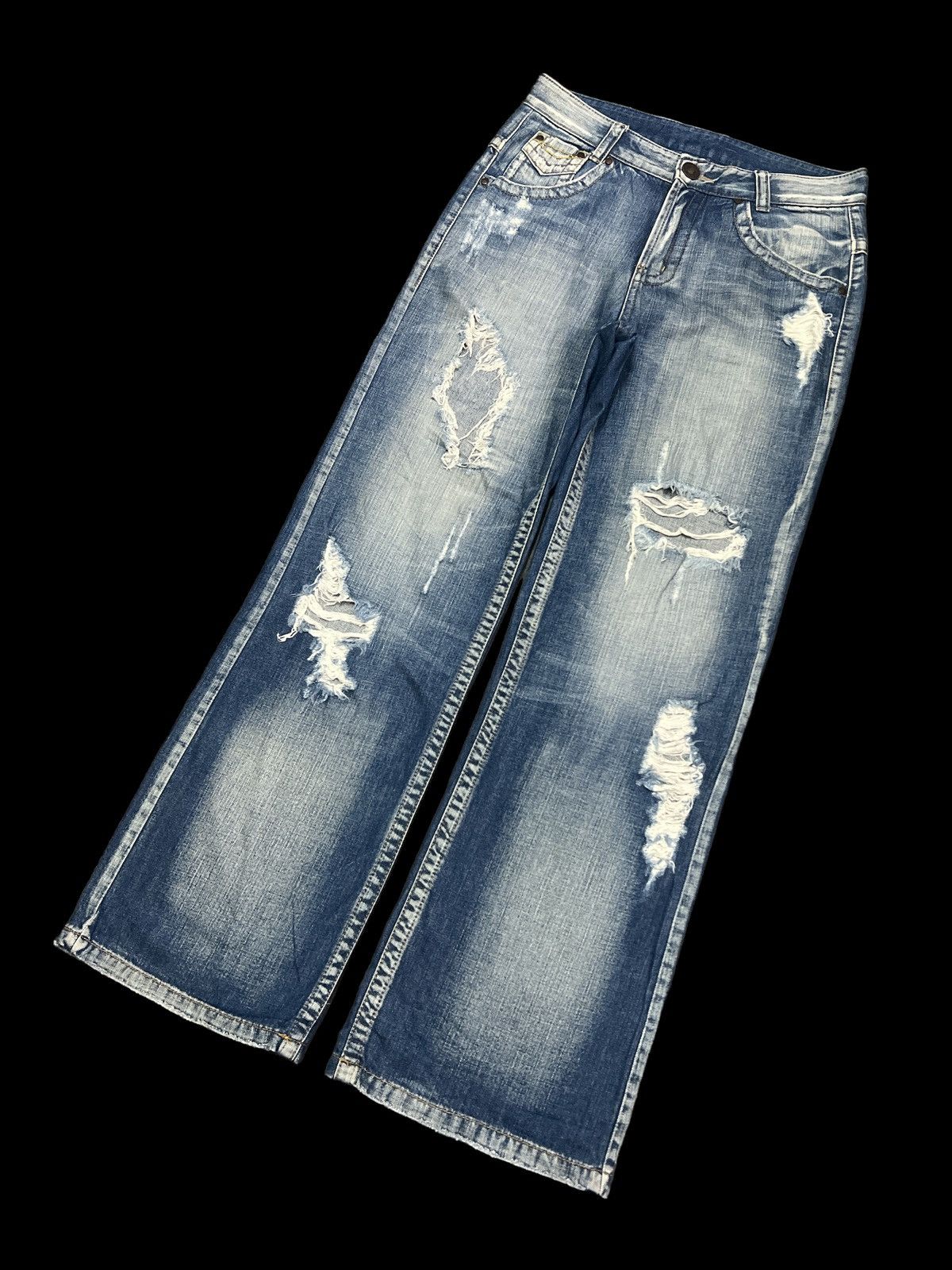 Japanese Brand SUPER SICK‼️BAGGY💥UNKNOWN THRASHED RIPPED DENIM PANT Size US 32 / EU 48 - 2 Thumbnail