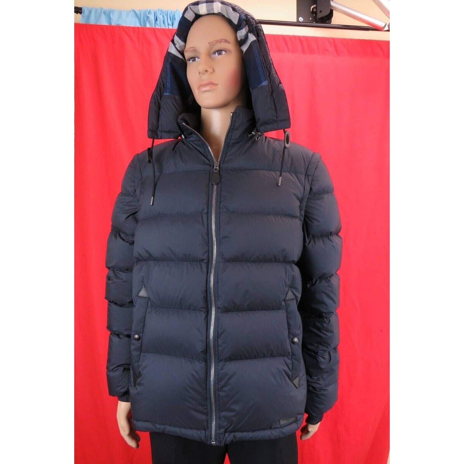 BASFORD 2 IN 1 NAVY NOVA CHECK HOODED DOWN PUFFER JACKET XL
