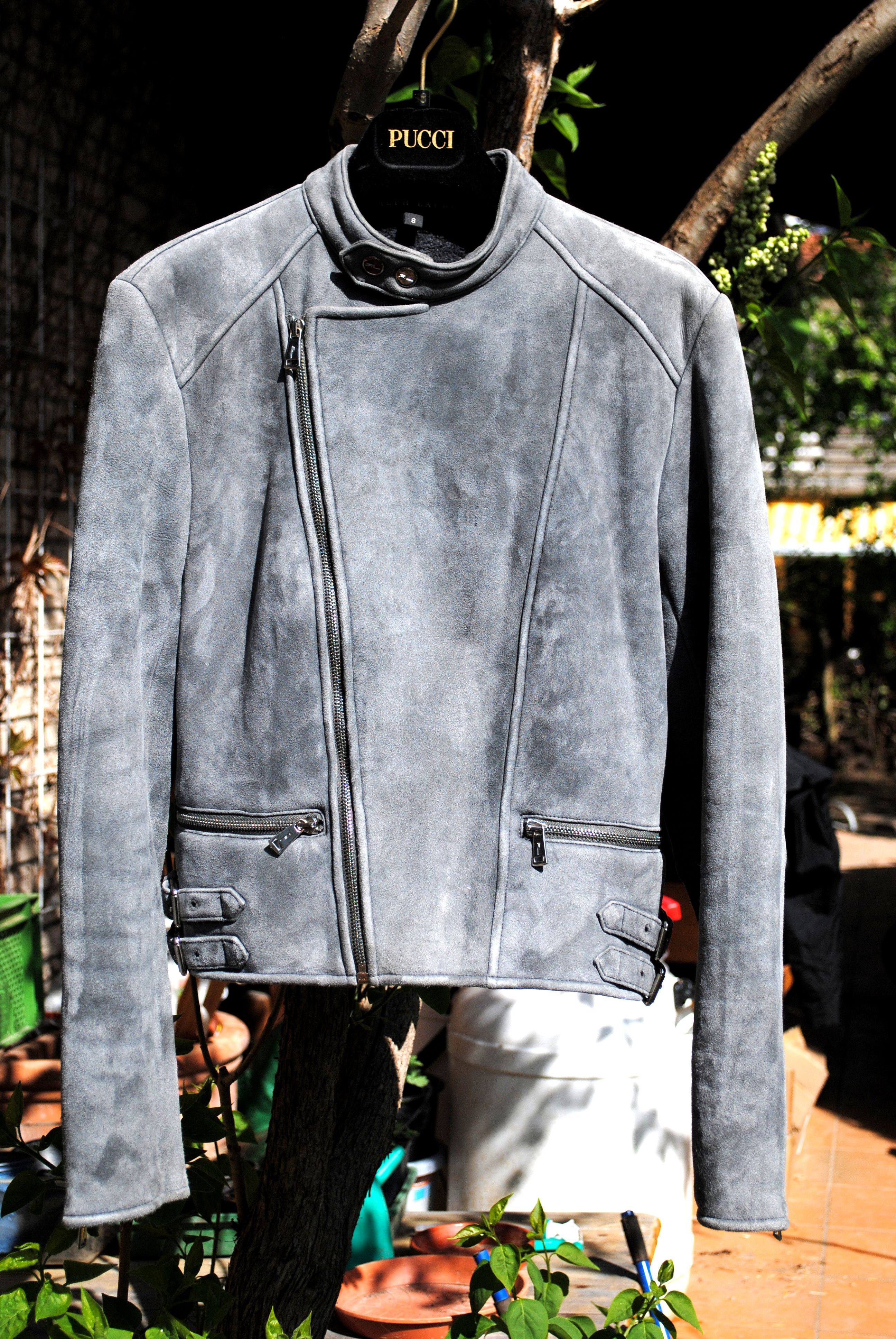 image of Ralph Lauren Black Label Grey Lambskin Shearling Leather Biker Jacket, Women's (Size Medium)