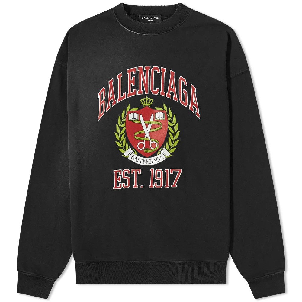 Pre-owned Balenciaga Men's College Logo Cotton Crewneck Sweatshirt In Black