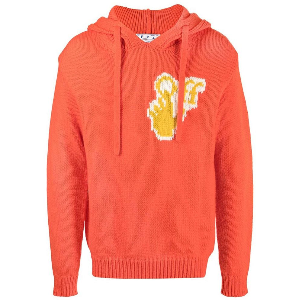 Image of Off White Off-White Men's Intarsia Knit Wool Chunky Hoodie Sweatshirt in Orange (Size Small)