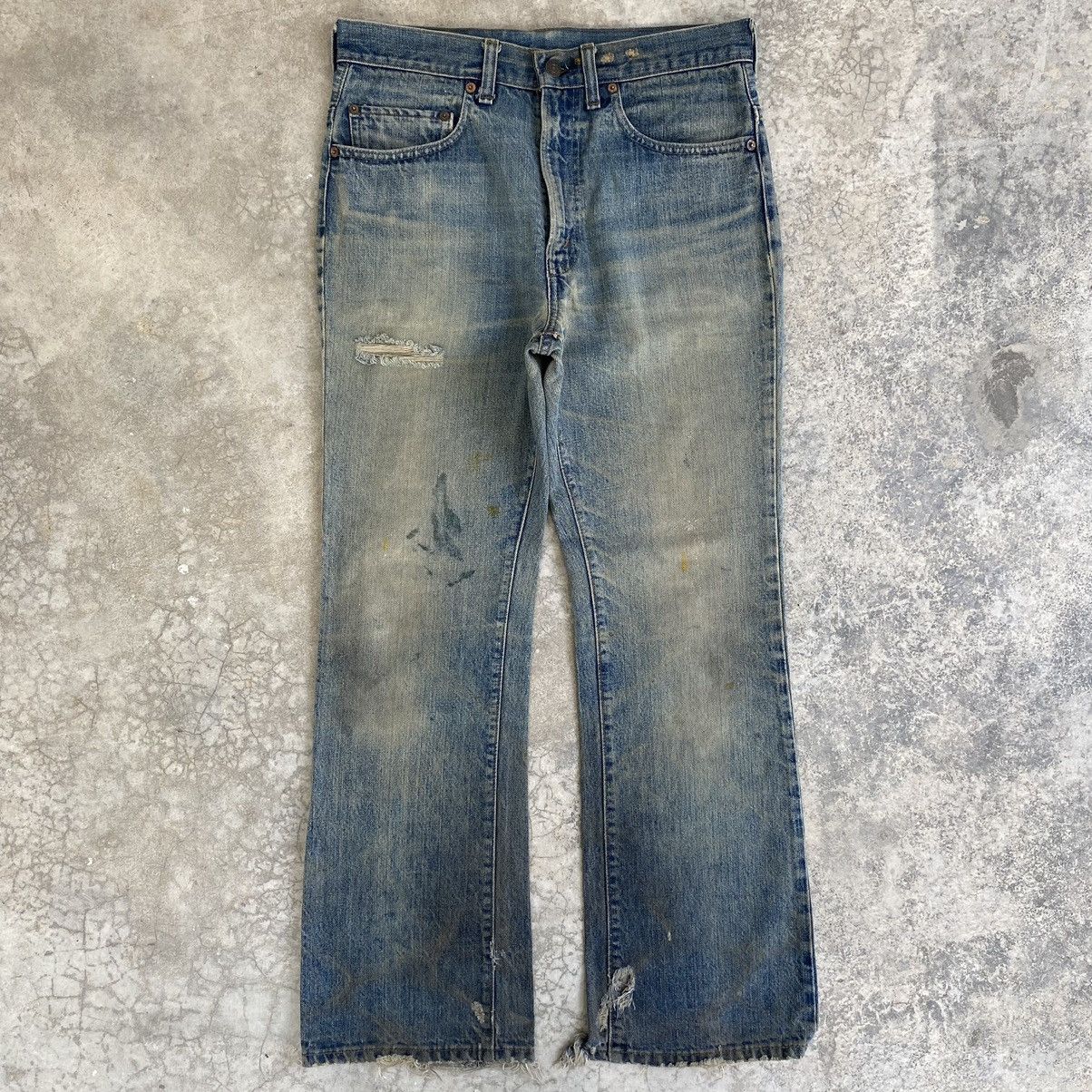 image of Distressed Denim x Levis Vintage 70’S Levis 517 Faded Blue Flared Dirty Denim Jeans, Men's (Size 31