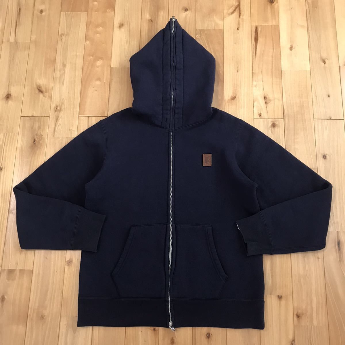 image of Bape General Logo Leather Patch Full Zip Hoodie Navy, Men's (Size Medium)