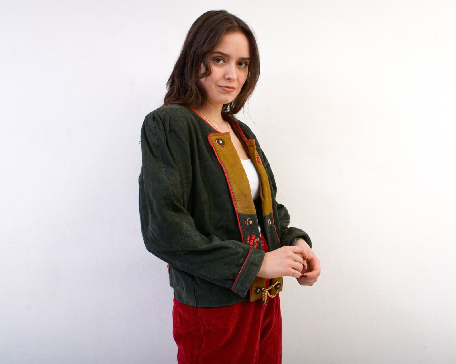Vintage Blazer Suede leather Jacket Trachten Jager Janker Coat Chain Size M / US 6-8 / IT 42-44 - 3 Thumbnail