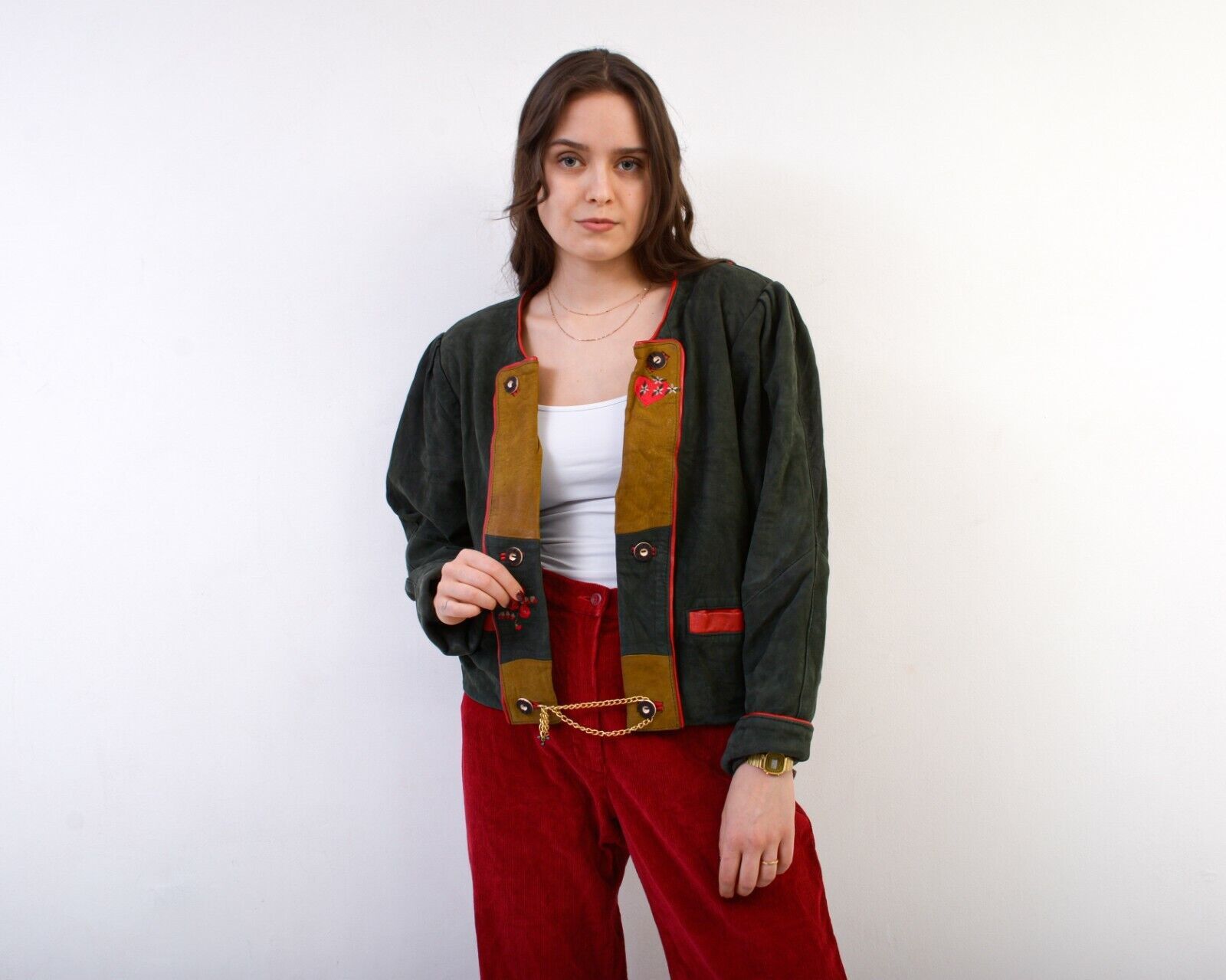 Vintage Blazer Suede leather Jacket Trachten Jager Janker Coat Chain Size M / US 6-8 / IT 42-44 - 2 Thumbnail
