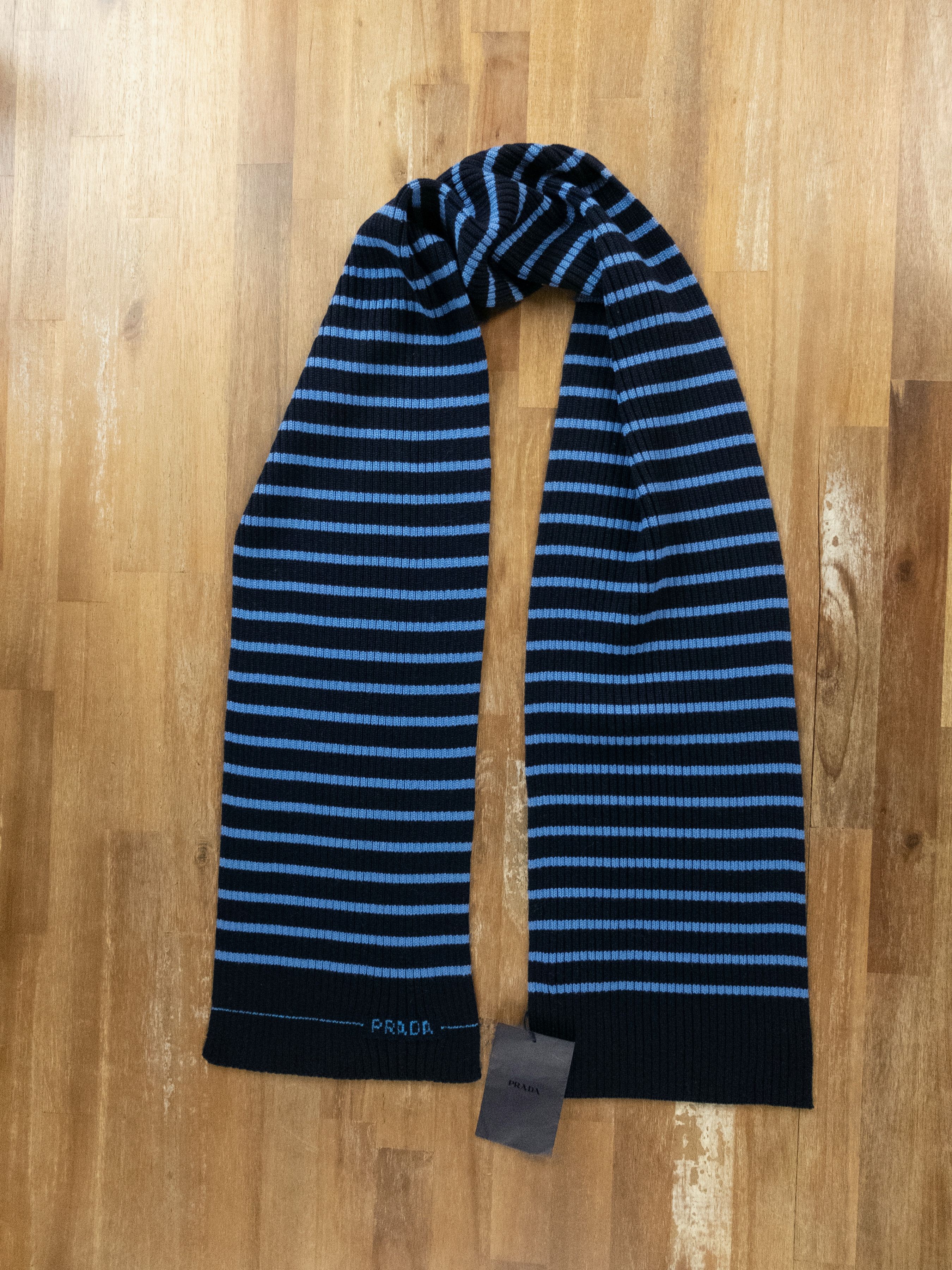 image of Prada Navy Blue Striped Logo Wool Scarf - New With Tags, Men's