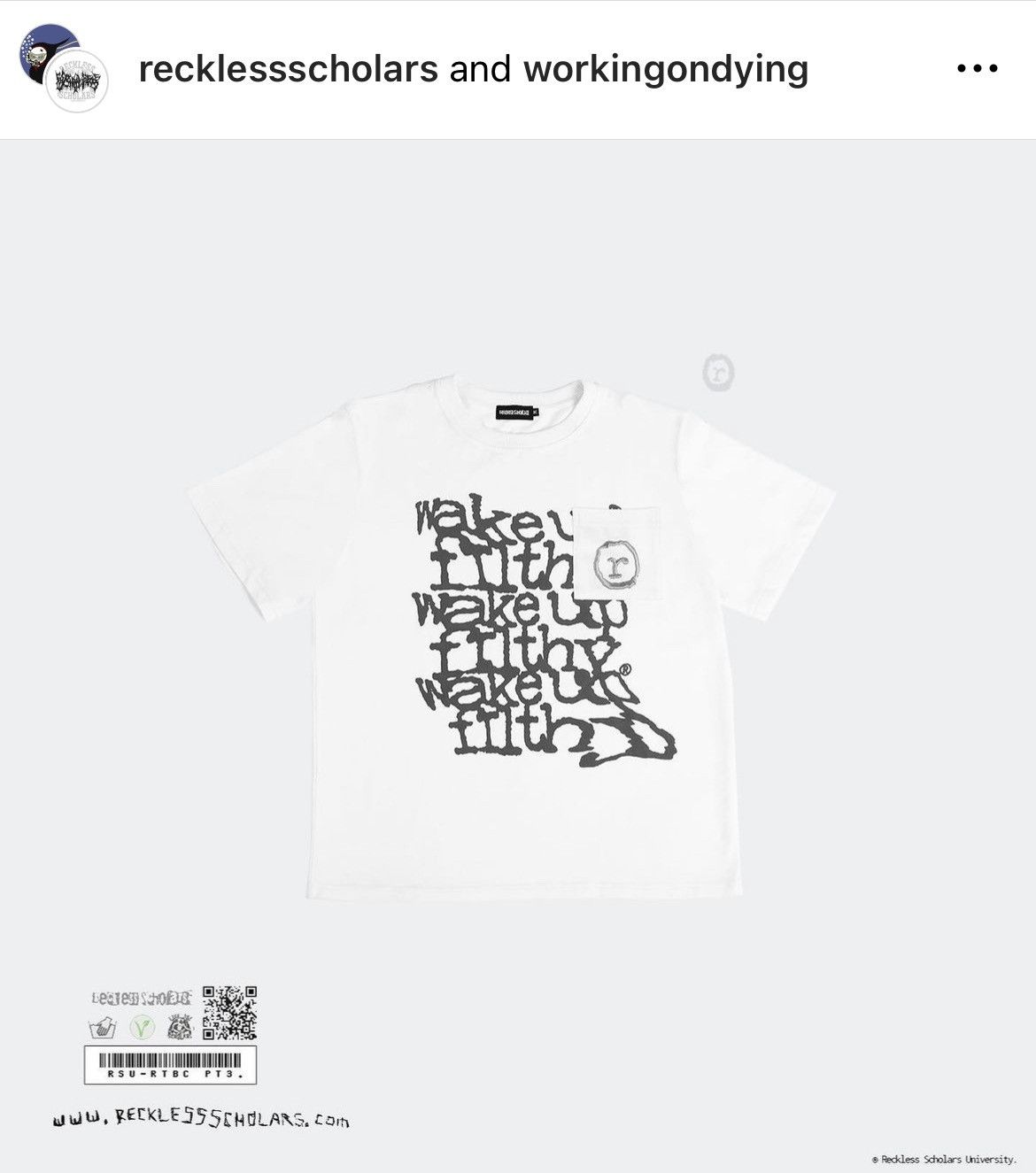 image of Working On Dying X Reckless Scholars Wake Up Filthy Tee in White, Men's (Size Medium)