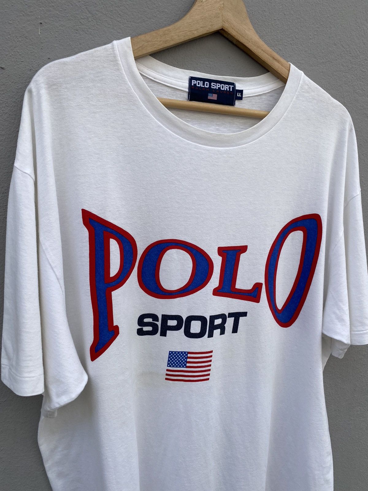 Polo Ralph Lauren 💥RARE💥Vintage OG 80s Spellout POLO SPORT USA Flag🇺🇸 Tee Size US L / EU 52-54 / 3 - 8 Thumbnail
