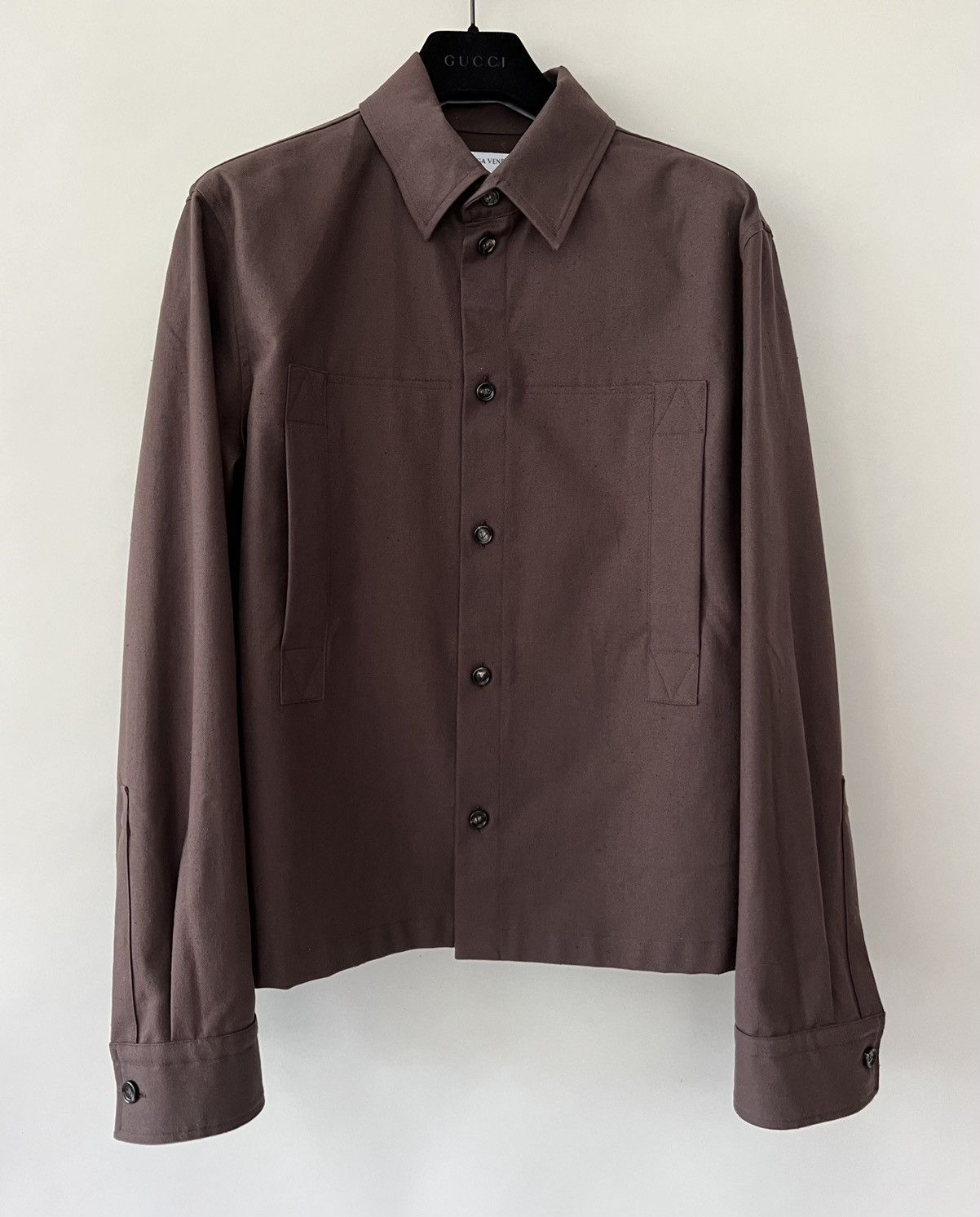 image of Bottega Veneta Pocket Detail Cotton Shirt in Brown, Men's (Size Small)