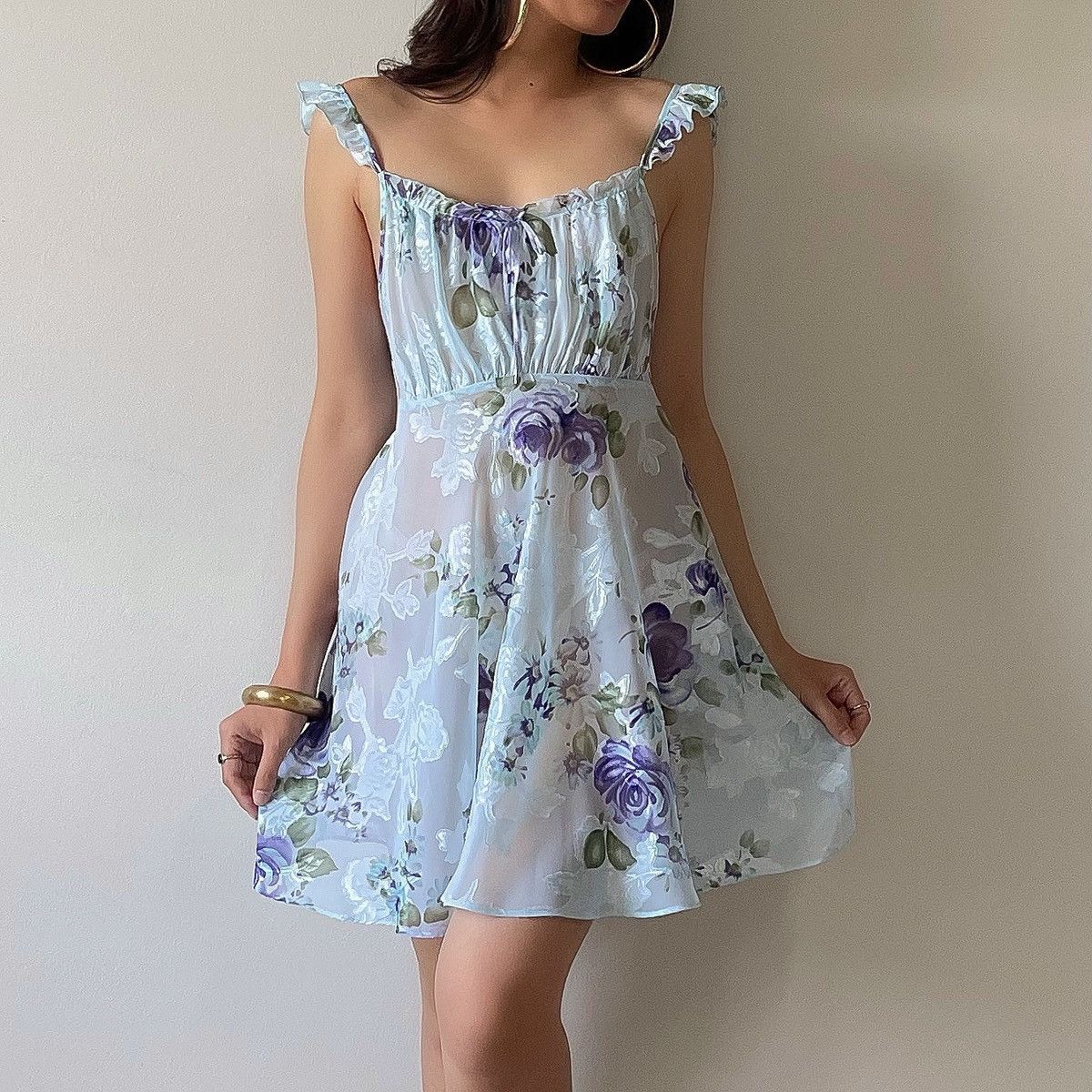 Other vintage blue floral chiffon mini dress size L fits M too Size L / US 10 / IT 46 - 1 Thumbnail