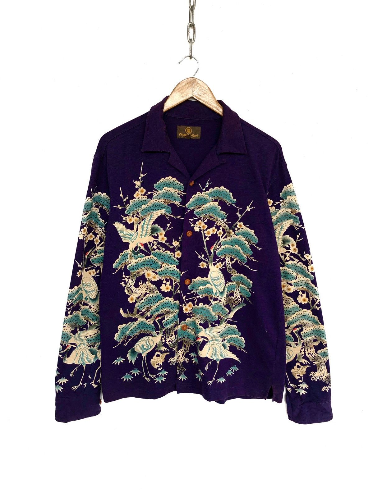 Indigo × Japanese Brand Vintage Beautiful Japanese Cranes and Sakura Trees Indigo Cotton Button Up Shirt Size US M / EU 48-50 / 2 - 1 Thumbnail