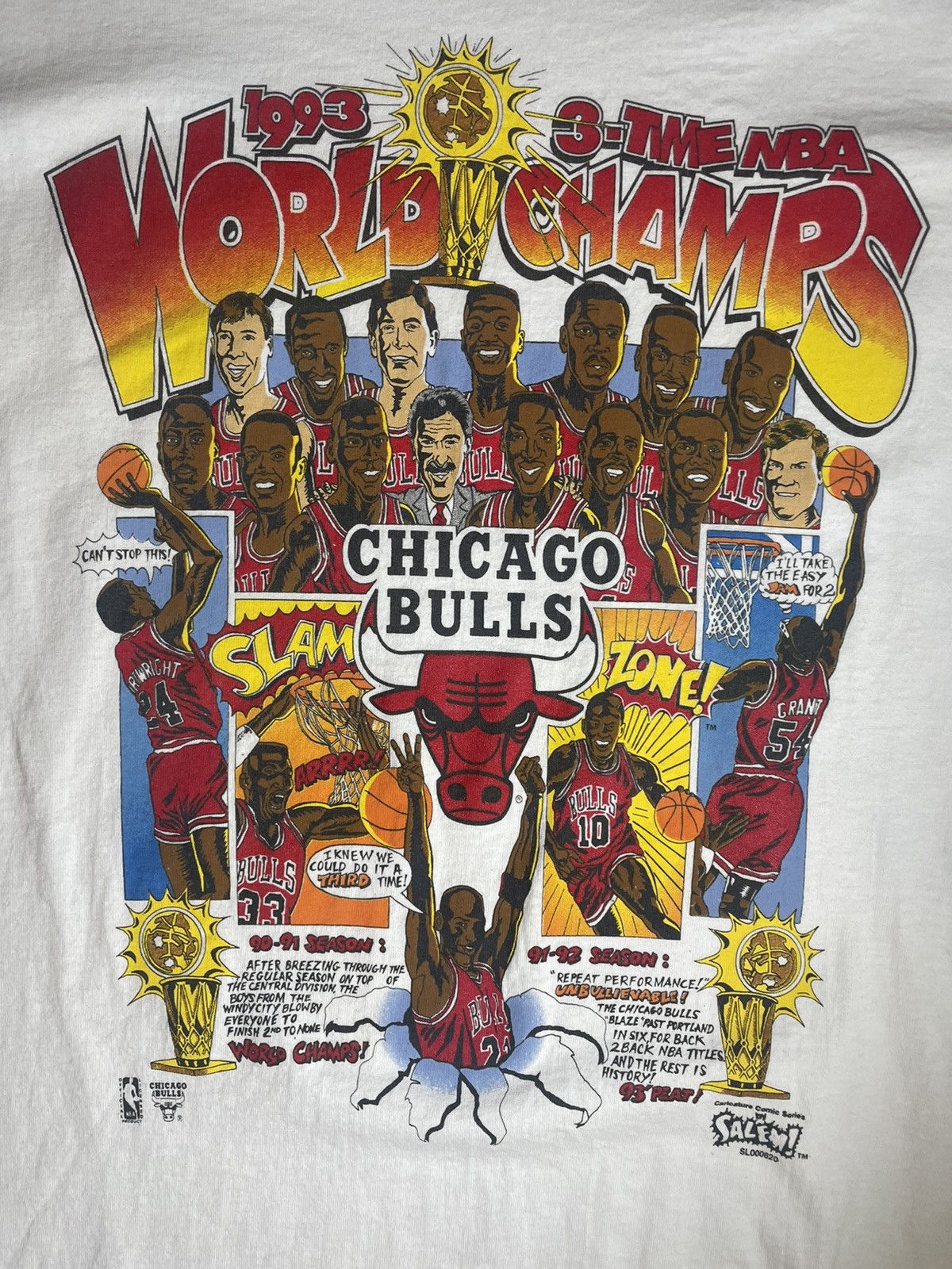 NBA × Salem Sportswear × Vintage Vintage Chicago Bulls Champions Salem Comic Series T-Shirt Size US XL / EU 56 / 4 - 2 Thumbnail