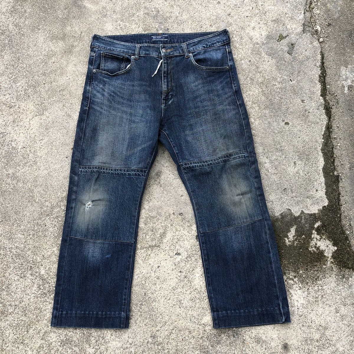image of Avant Garde closshi Real Jeans Double Knee Rips Denim Jeans in Blue Wash, Men's (Size 35)