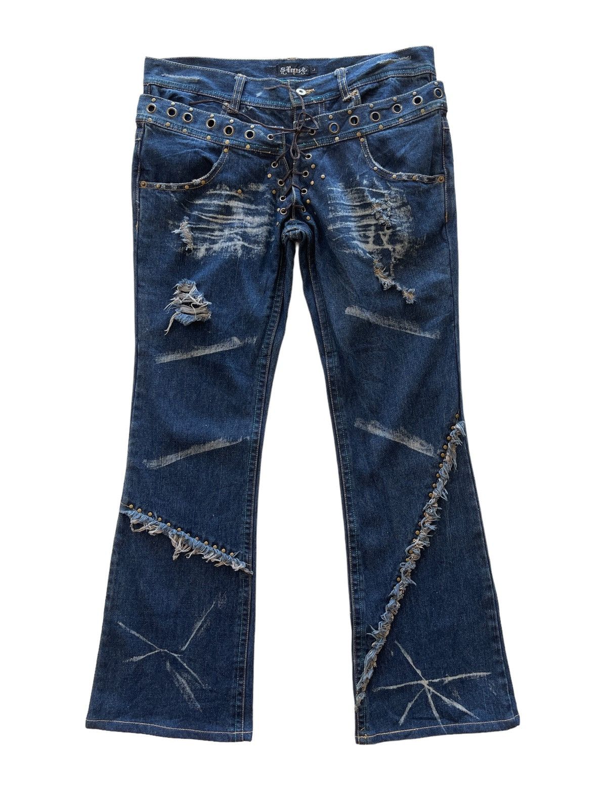 image of Distressed Denim x Vintage Double Waist Distressed Flared Denim in Blue Denim, Men's (Size 34)