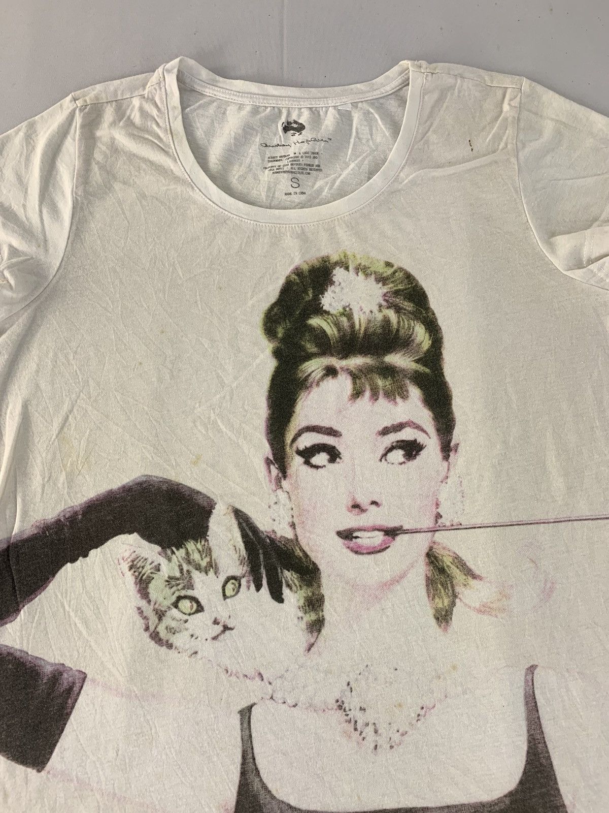 Vintage Audrey Hepburn British Film Star Smoking Cat Screen Printed Size S / US 4 / IT 40 - 3 Thumbnail