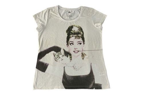 Vintage Audrey Hepburn British Film Star Smoking Cat Screen Printed Size S / US 4 / IT 40 - 1 Thumbnail