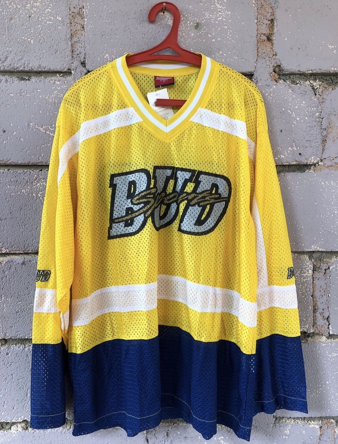 image of 90's Bud Sports Budweiser Color Block Raglan Jersey in Yellow/White/Blue, Men's (Size Large)