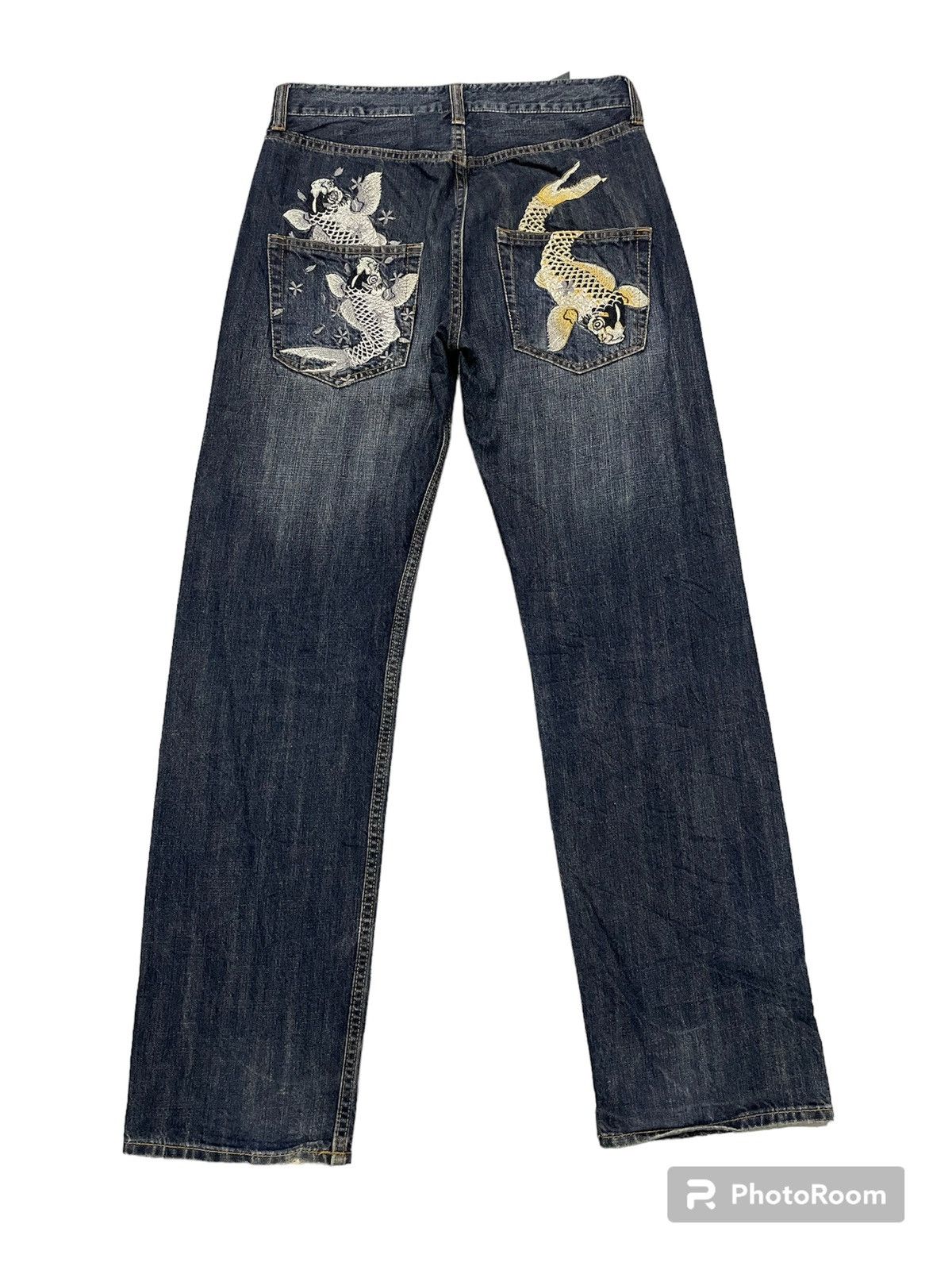 image of Sukajan Souvenir Jacket x Vintage Karakuri Fish Koi Sukajan Jeans in Blue Denim, Men's (Size 30)