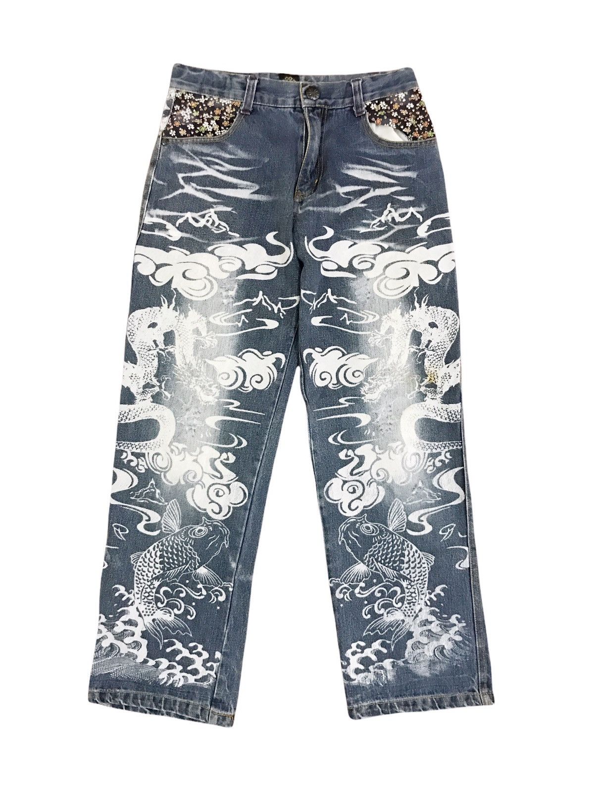 image of Karakuri Dragon Vs Koi Fish Jeans in Blue Distressed, Men's (Size 26)