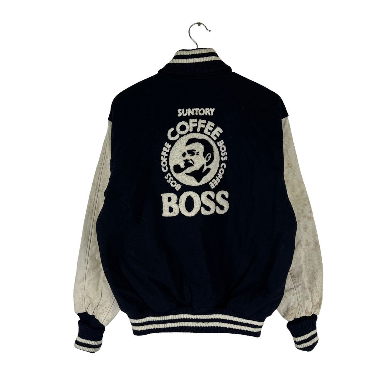 VINTAGE VARSITY JACKET LEATHER HANDLING SUNTORY COFFEE BOSS