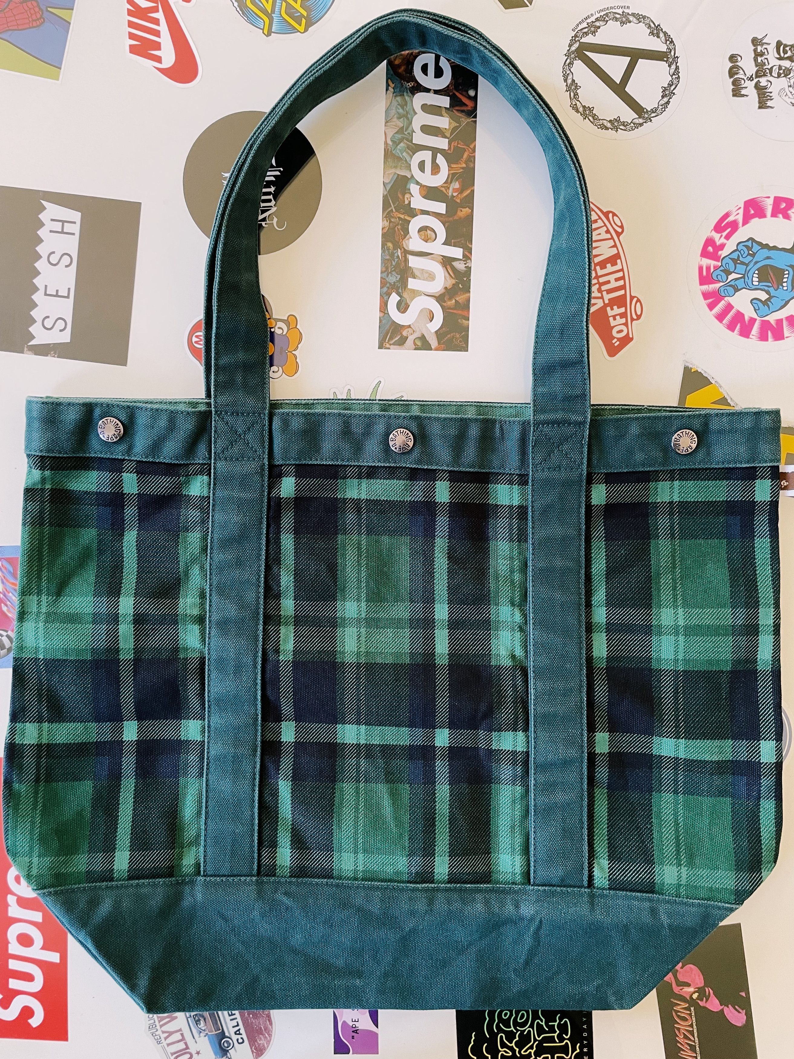 Bape A Bathing Ape Shibuya Check Tote Bag Green, Men's