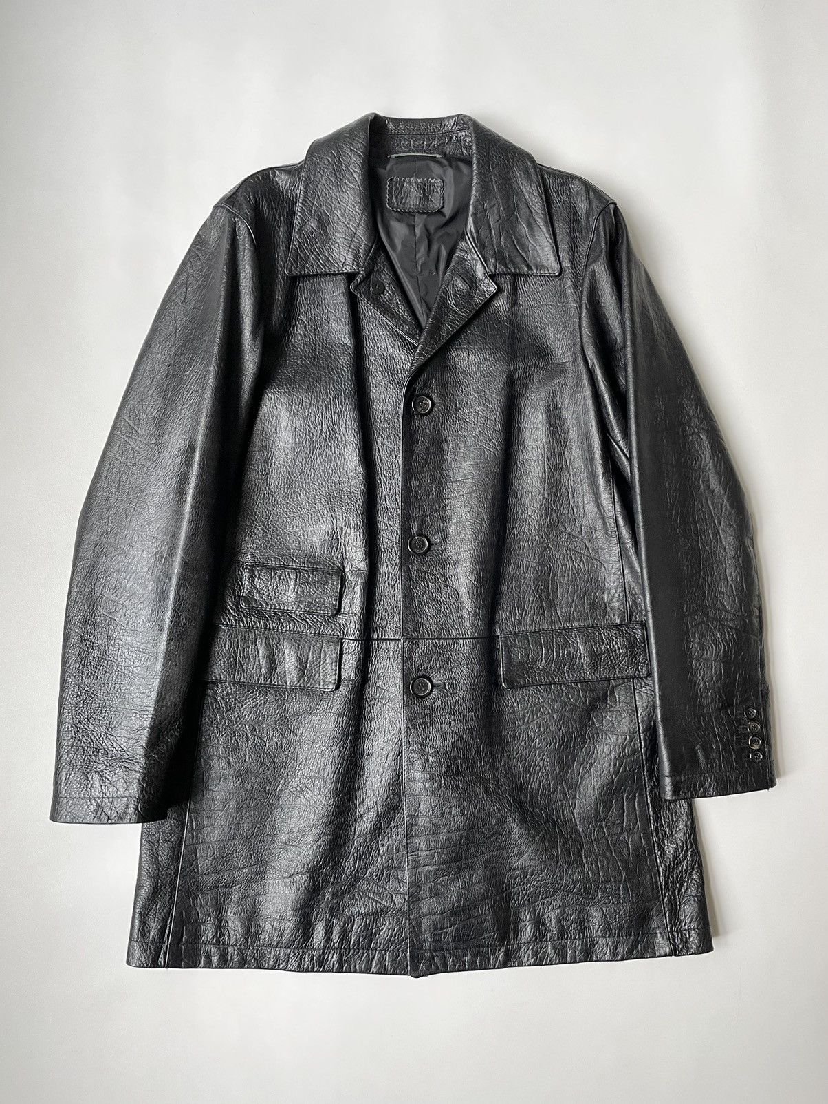 image of Prada Croc Embossed Leather Overcoat in Black, Men's (Size Medium)