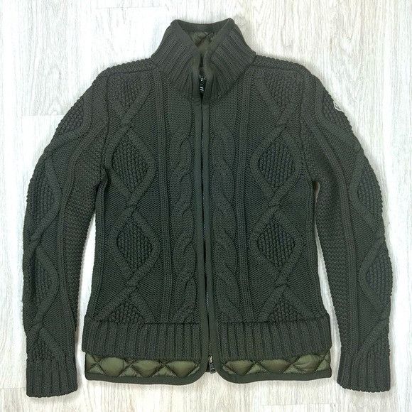 image of Moncler Virgin Wool Turtleneck Quilted Cardigan in Olive Green, Men's (Size Small)