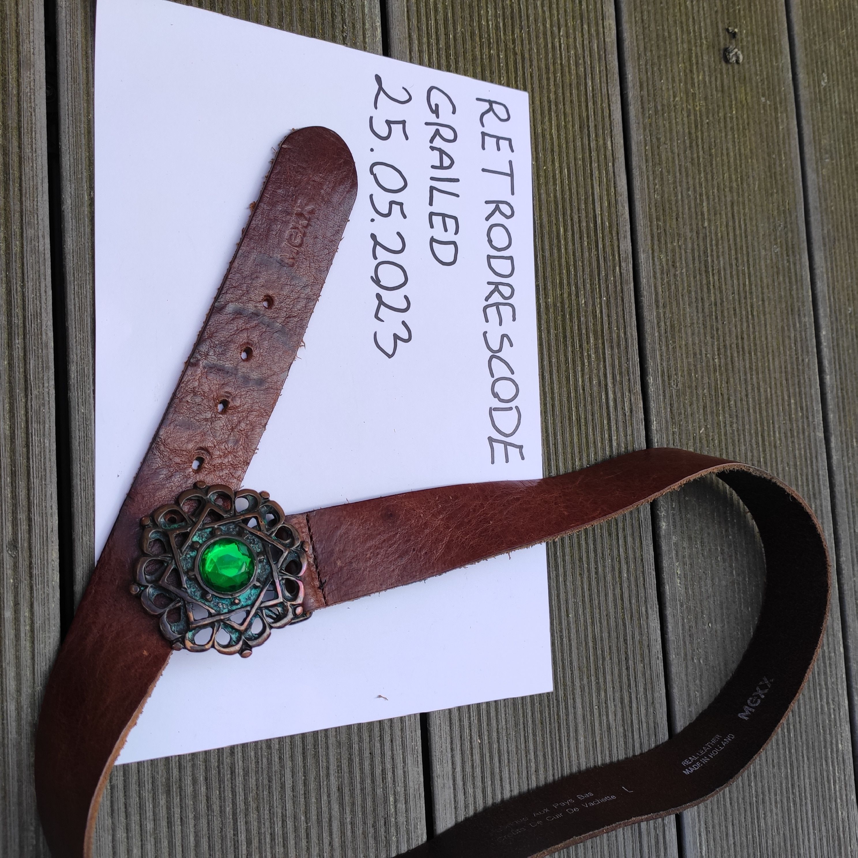 Leather Vintage genuine leather belt crystal Size 44 - 8 Thumbnail