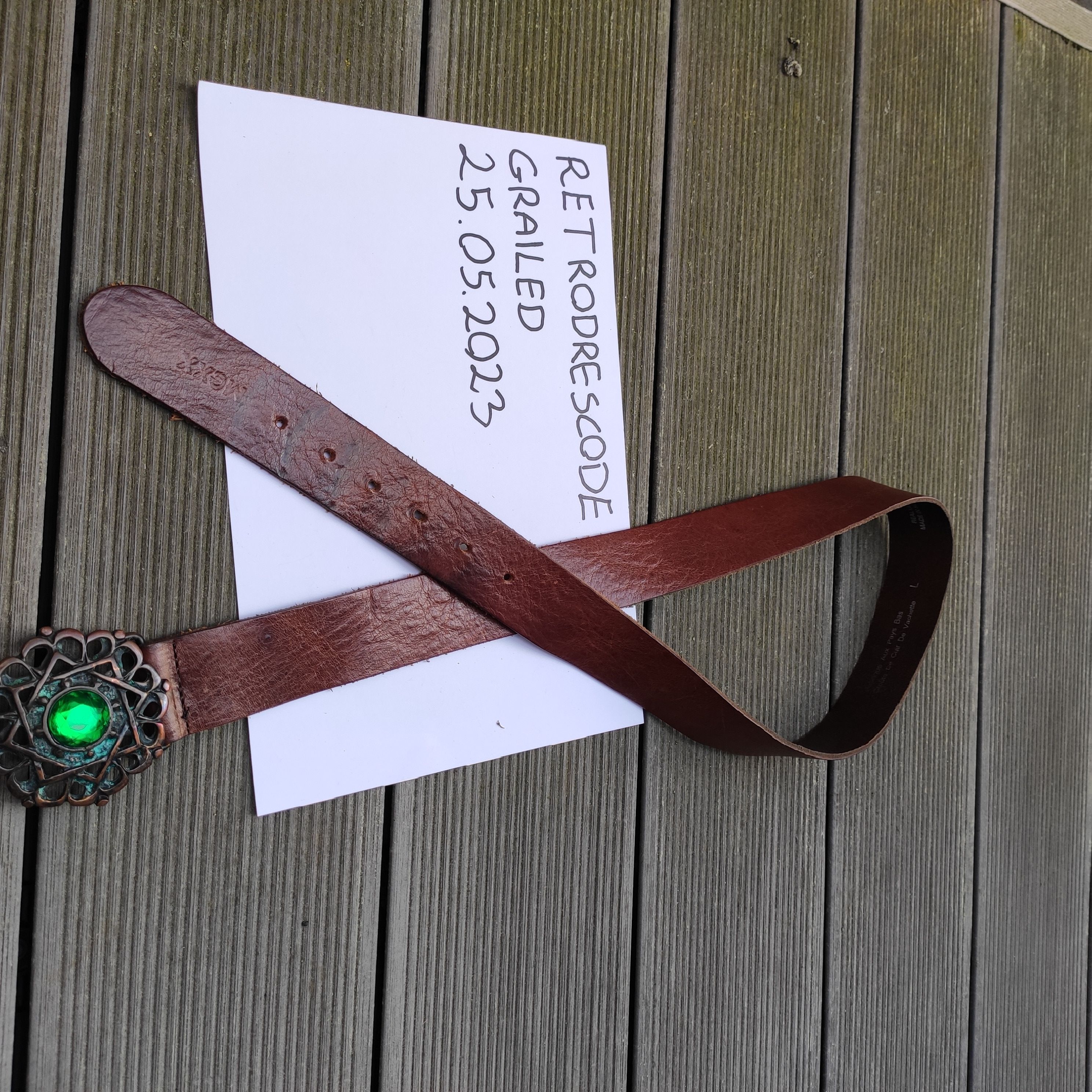 Leather Vintage genuine leather belt crystal Size 44 - 2 Thumbnail