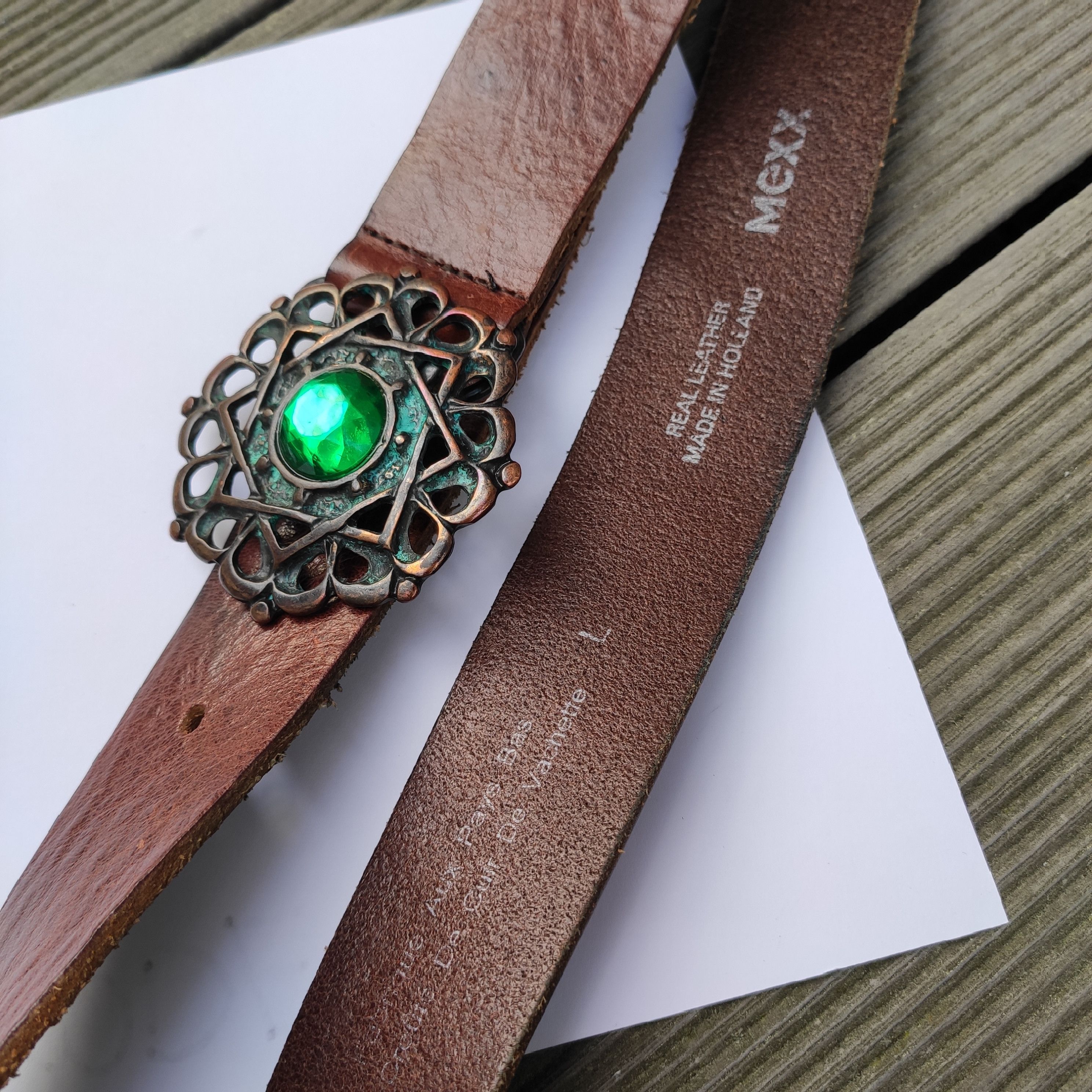 Leather Vintage genuine leather belt crystal Size 44 - 9 Thumbnail