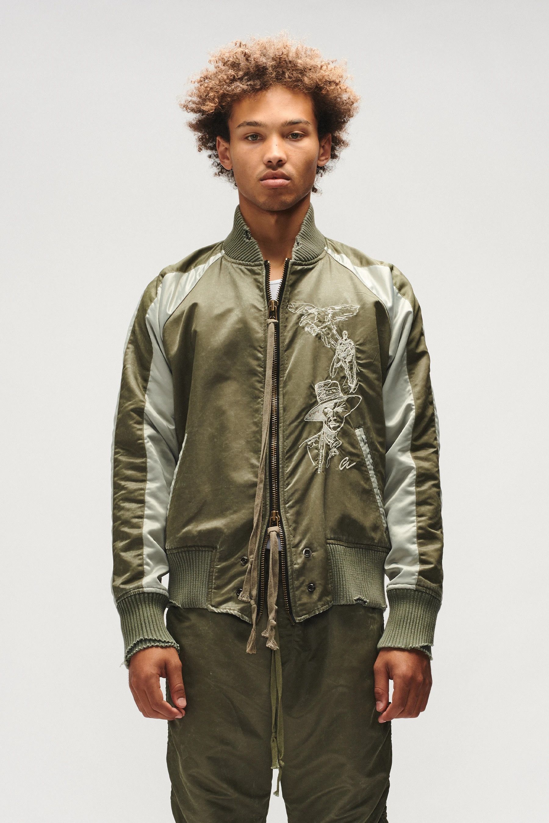 image of Greg Laurent Washed Satin Souvenir Flight Jacket in Army Green, Men's (Size Medium)