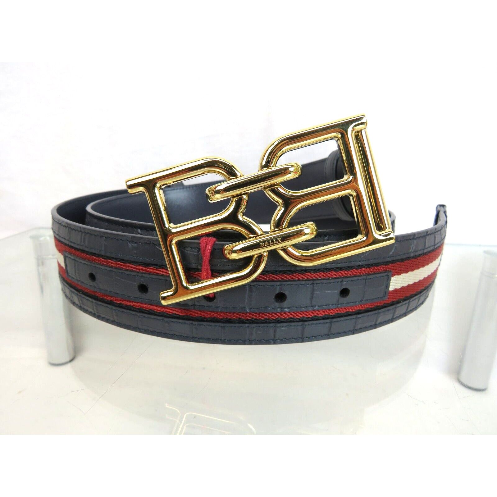 B CHAIN BUCKLE ADJUSTABLE NAVY CROC LEATHER WEB BELT 115 46