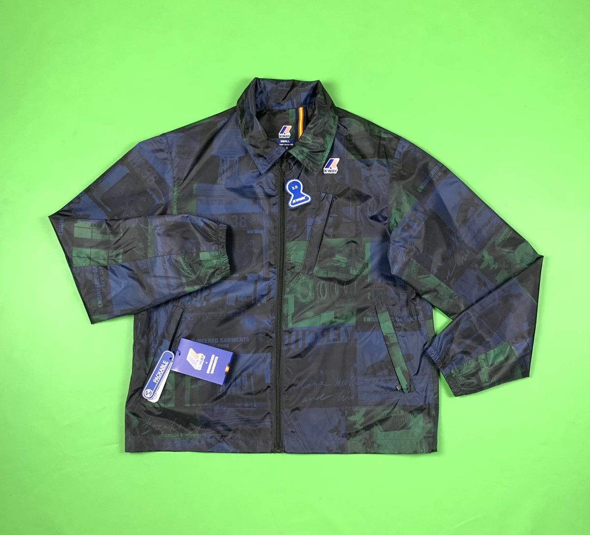 image of Engineered Garments X K-Way Nylon Waterproof Packable Jacket in City Navy, Men's (Size Small)