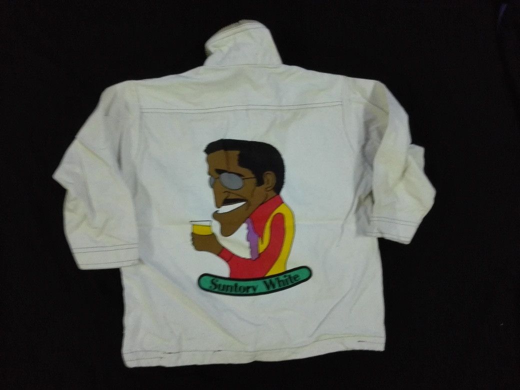Vintage Vintage 80s Suntory White Printed Denim Jacket Trucker Art Size US S / EU 44-46 / 1 - 1 Thumbnail