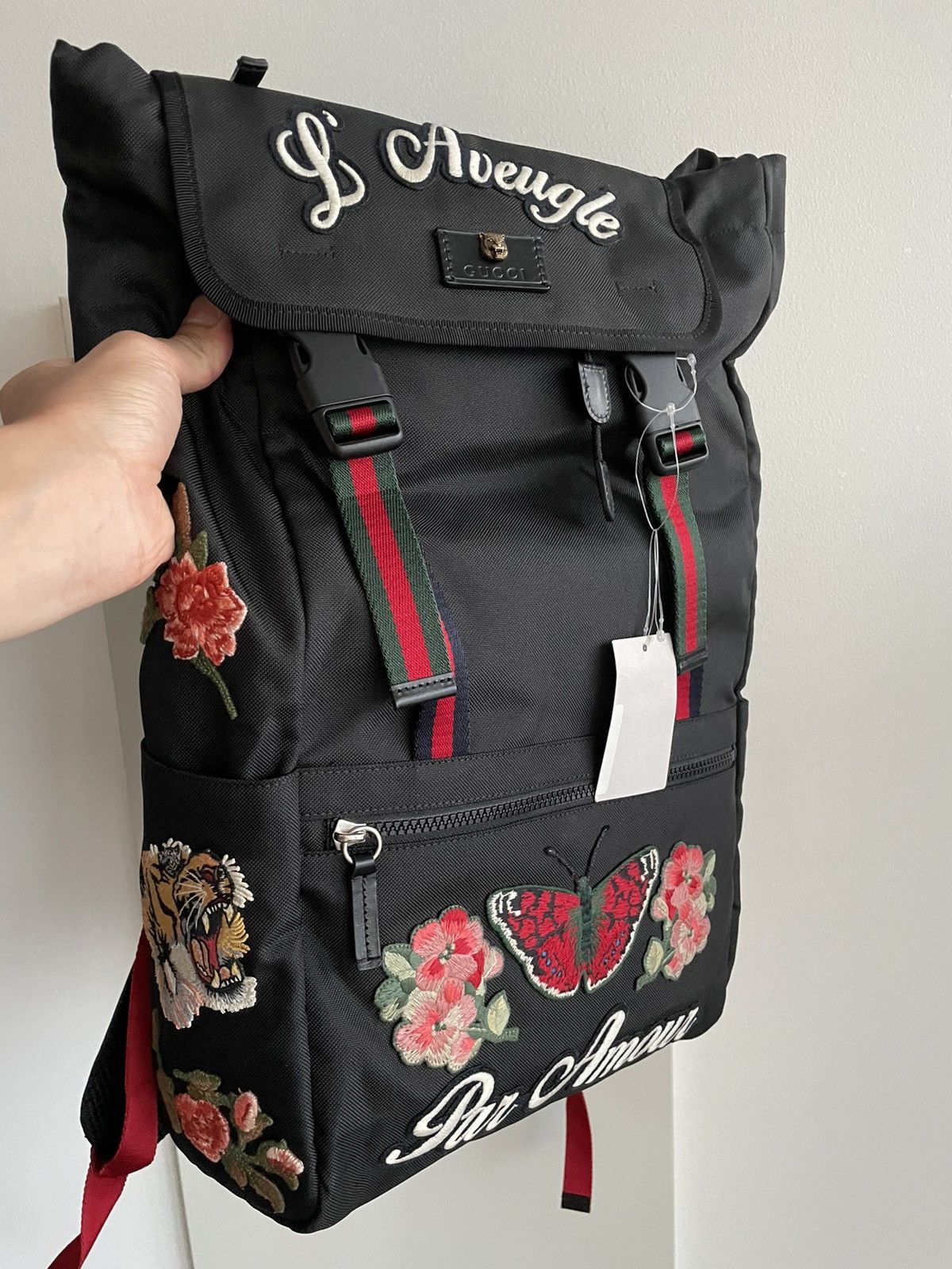 image of Gucci $3K Super Runway Embroidery Backpack Bag in Black, Women's