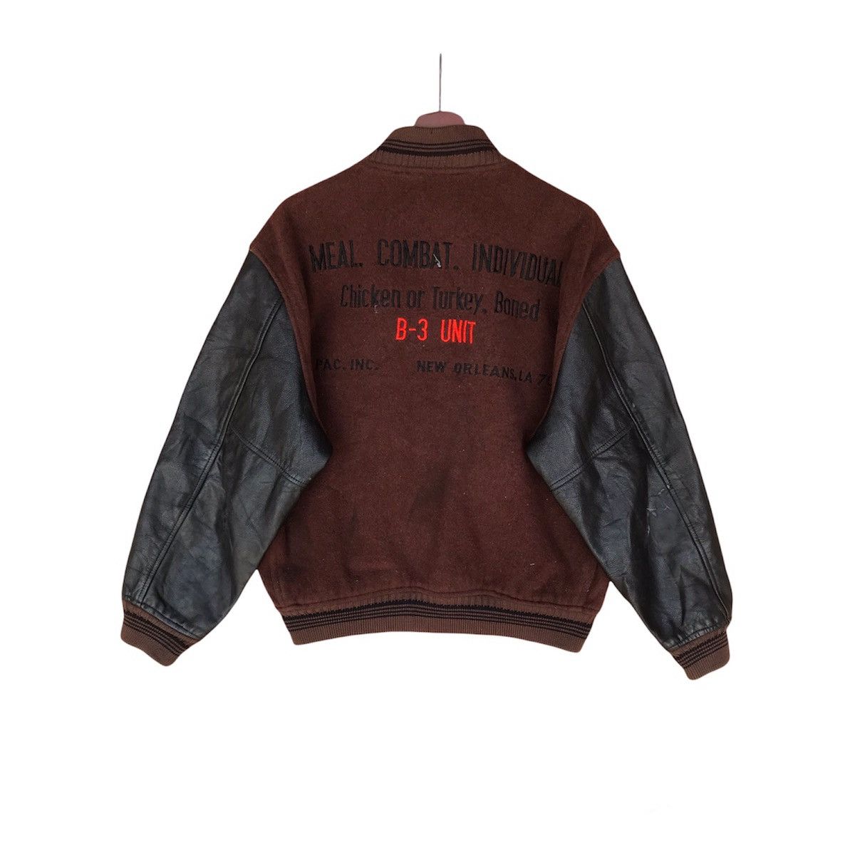 image of Varsity Jacket x Vintage Trashed Varsity B-3 Meal Combat Scovill Buttom Leather in Black (Size Medi