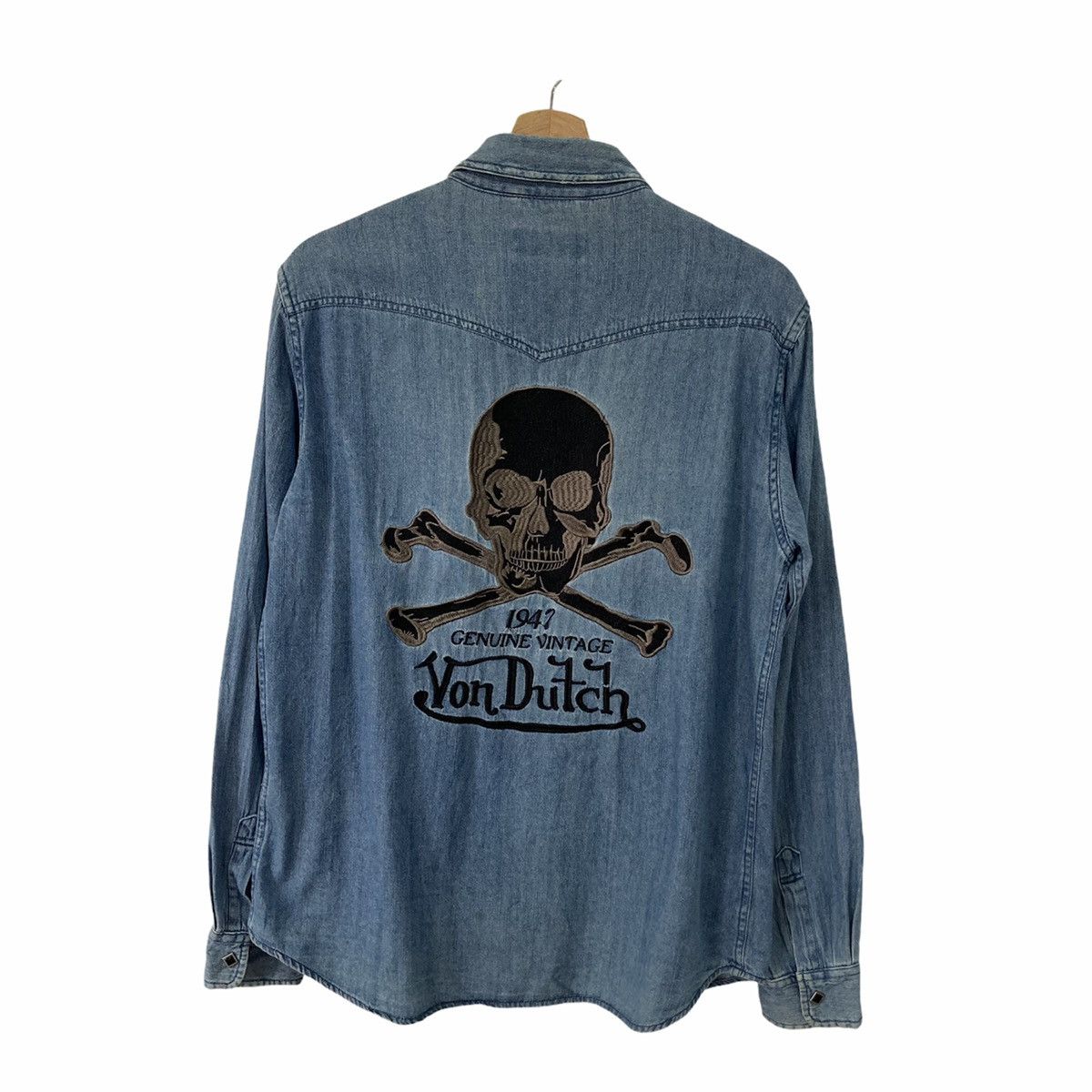 image of Biker Denim x Vintage Von Dutch Denim Embroidered Big Skull Logo in Blue Denim, Men's (Size Large)