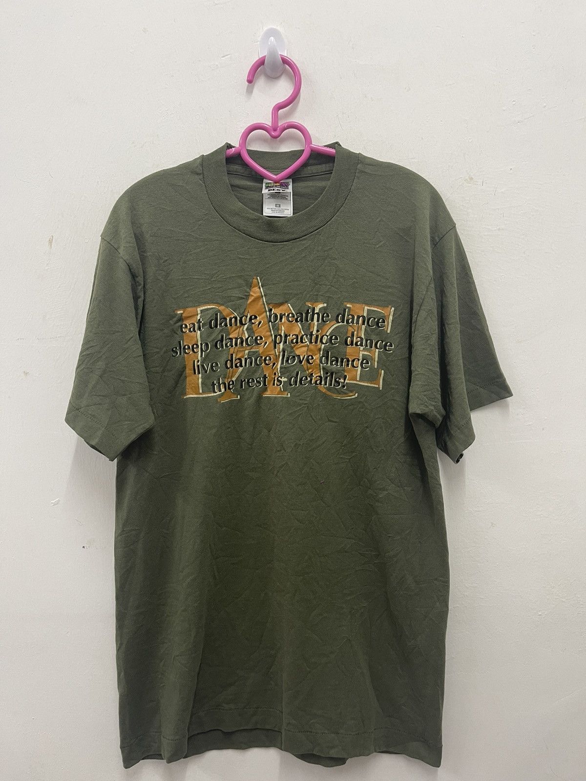image of Fruit Of The Loom x Rap Tees 90's Vintage Dance Spell Out Big Logo Thrashed Shirt in Green (Size Me