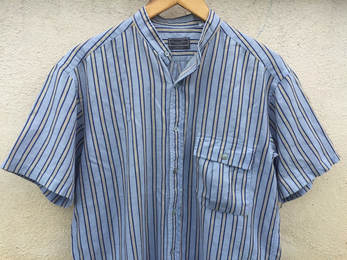 image of Christian Dior Monsieur Mandarin Collar Button Up Wide Shirts in Blue Mix, Men's (Size Medium)